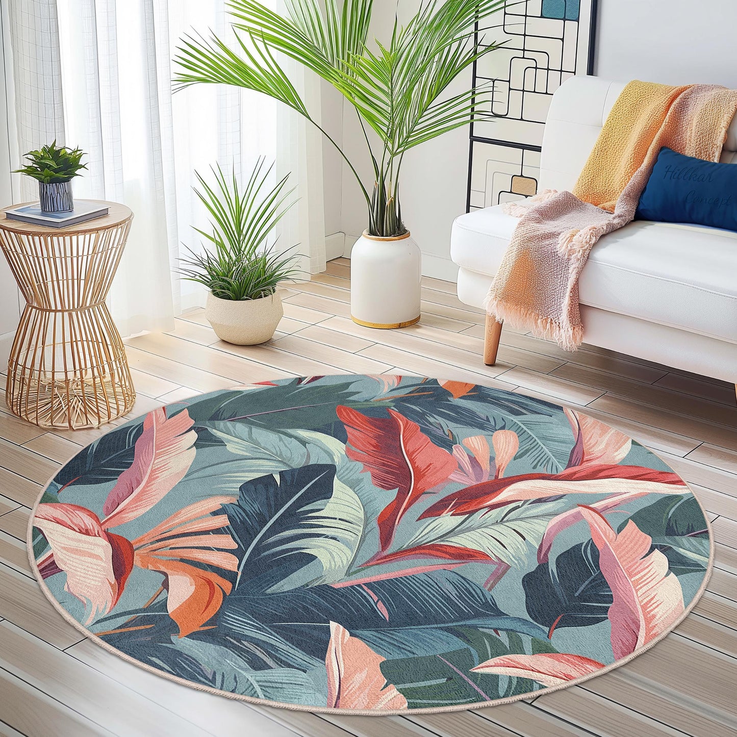 Tropical Leaf Round Area Rug, Botanical Pattern Round Rug, Floral Decor for Living Room, Soft Round Carpet for Kids Room