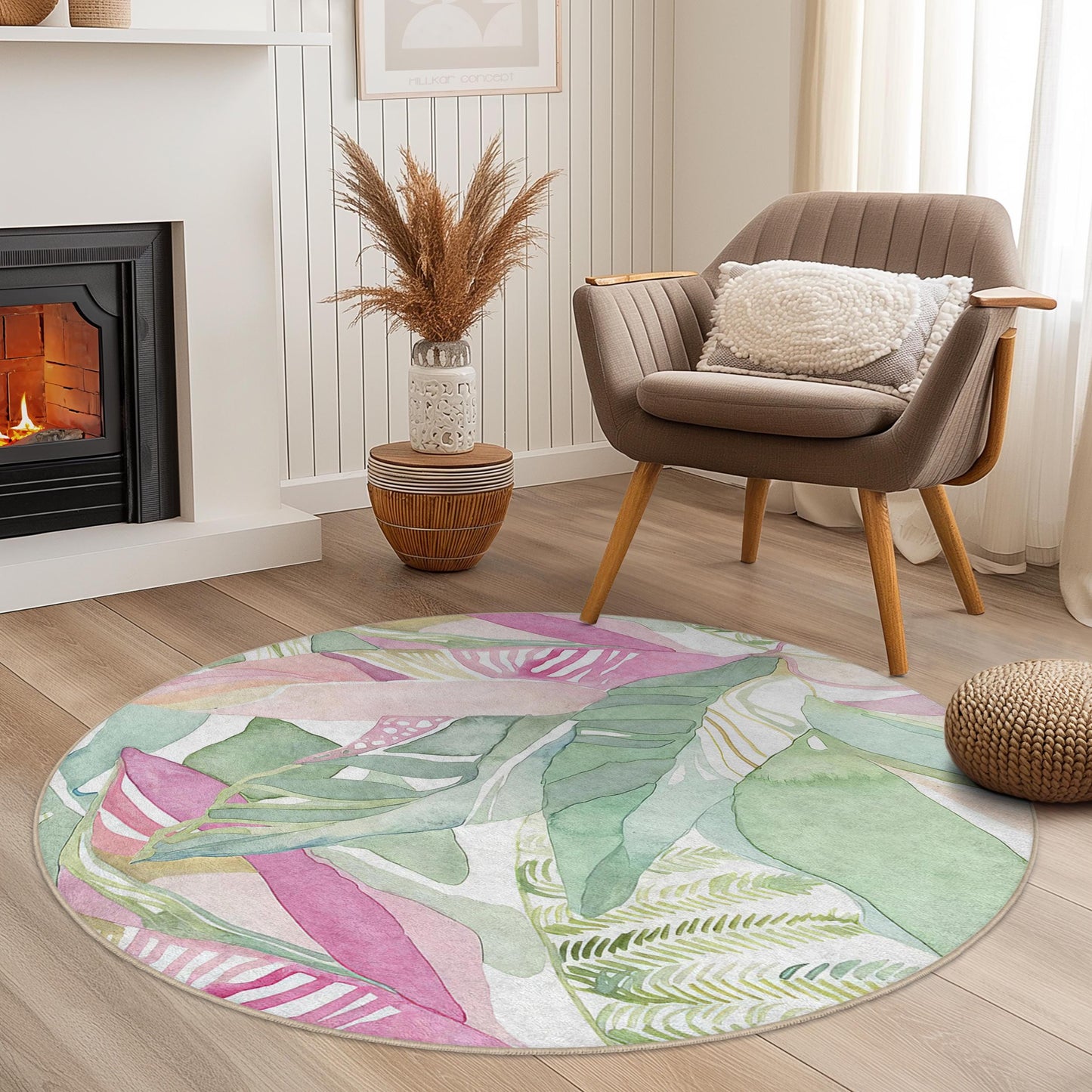 Watercolor Tropical Leaf Round Rug: Boho Botanical Home Decor