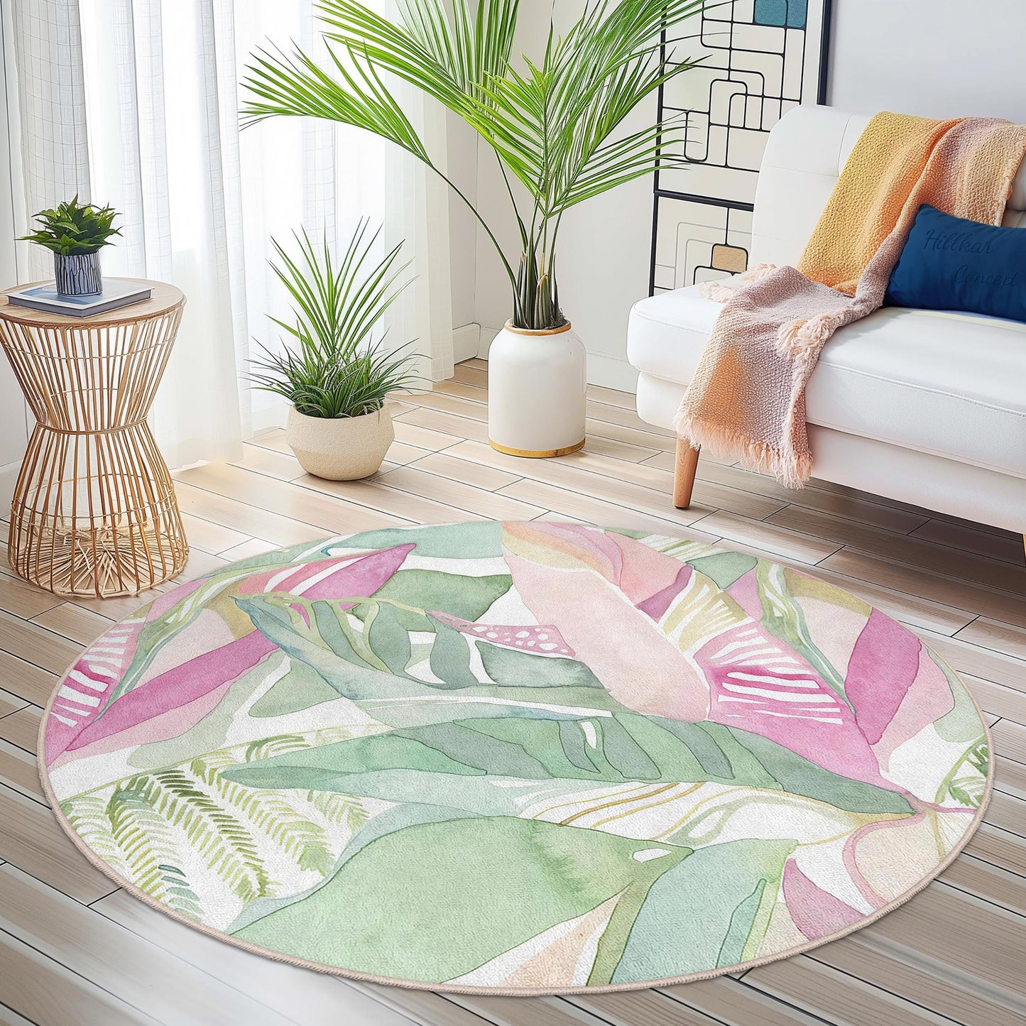 Watercolor Tropical Leaf Round Rug: Boho Botanical Home Decor
