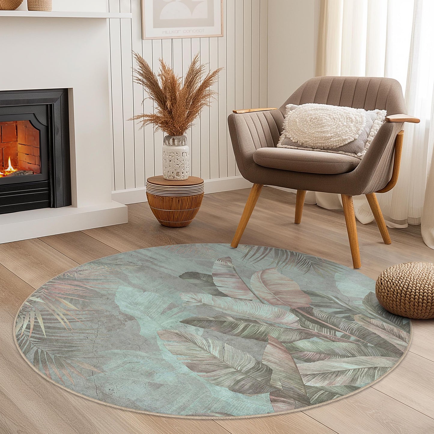 Tropical Leaves Round Area Rug, Botanical Circle Rug, Green Leaf Round Carpet, Bohemian Home Decor, Living Room Floor Mat