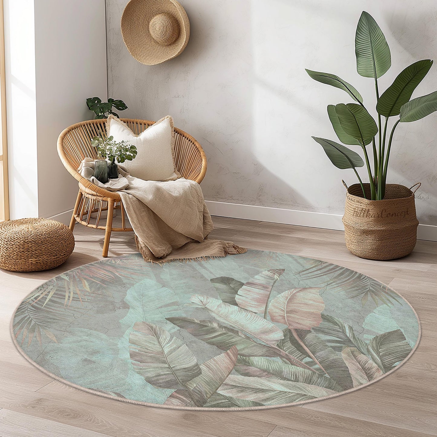 Tropical Leaves Round Area Rug, Botanical Circle Rug, Green Leaf Round Carpet, Bohemian Home Decor, Living Room Floor Mat