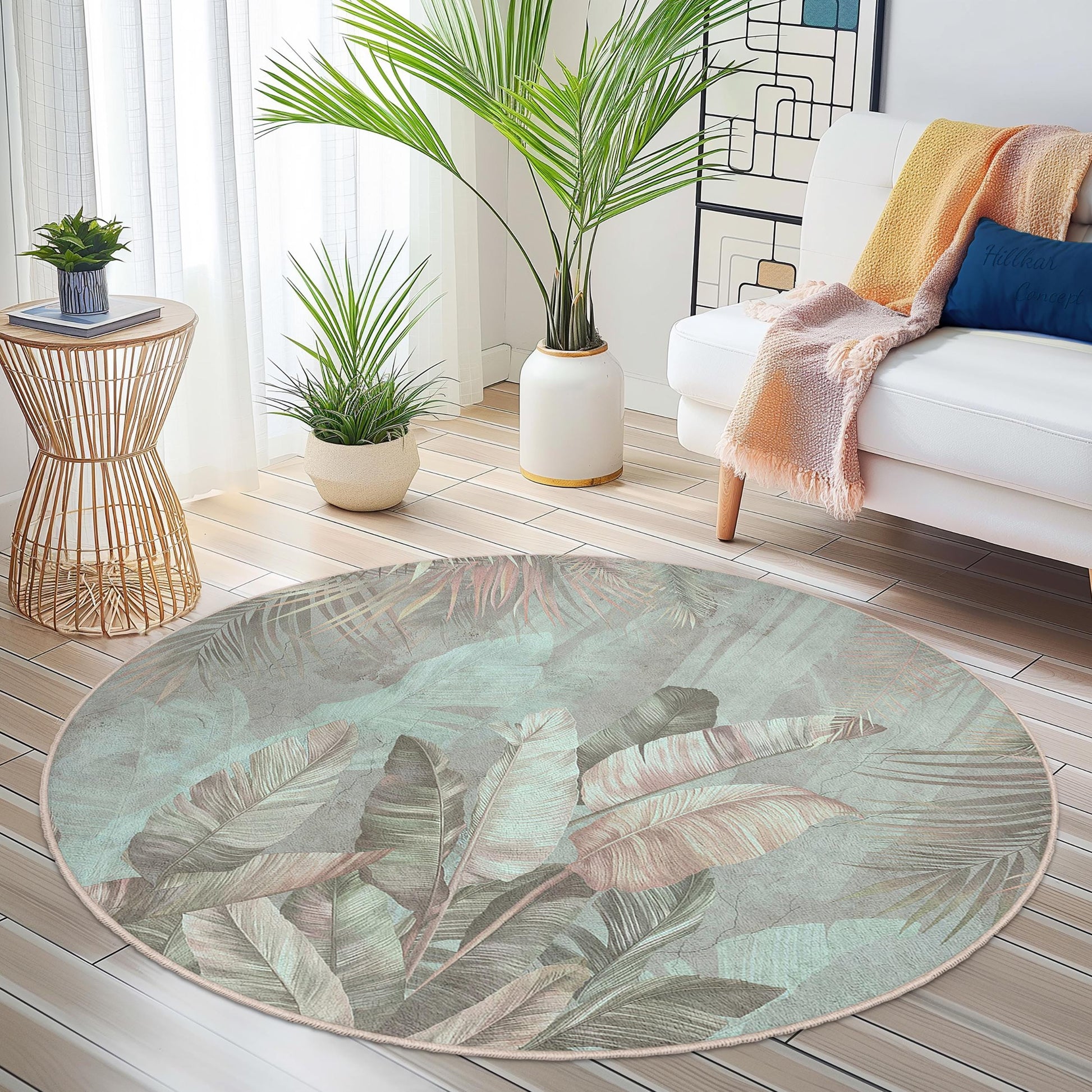 Tropical Leaves Round Area Rug, Botanical Circle Rug, Green Leaf Round Carpet, Bohemian Home Decor, Living Room Floor Mat