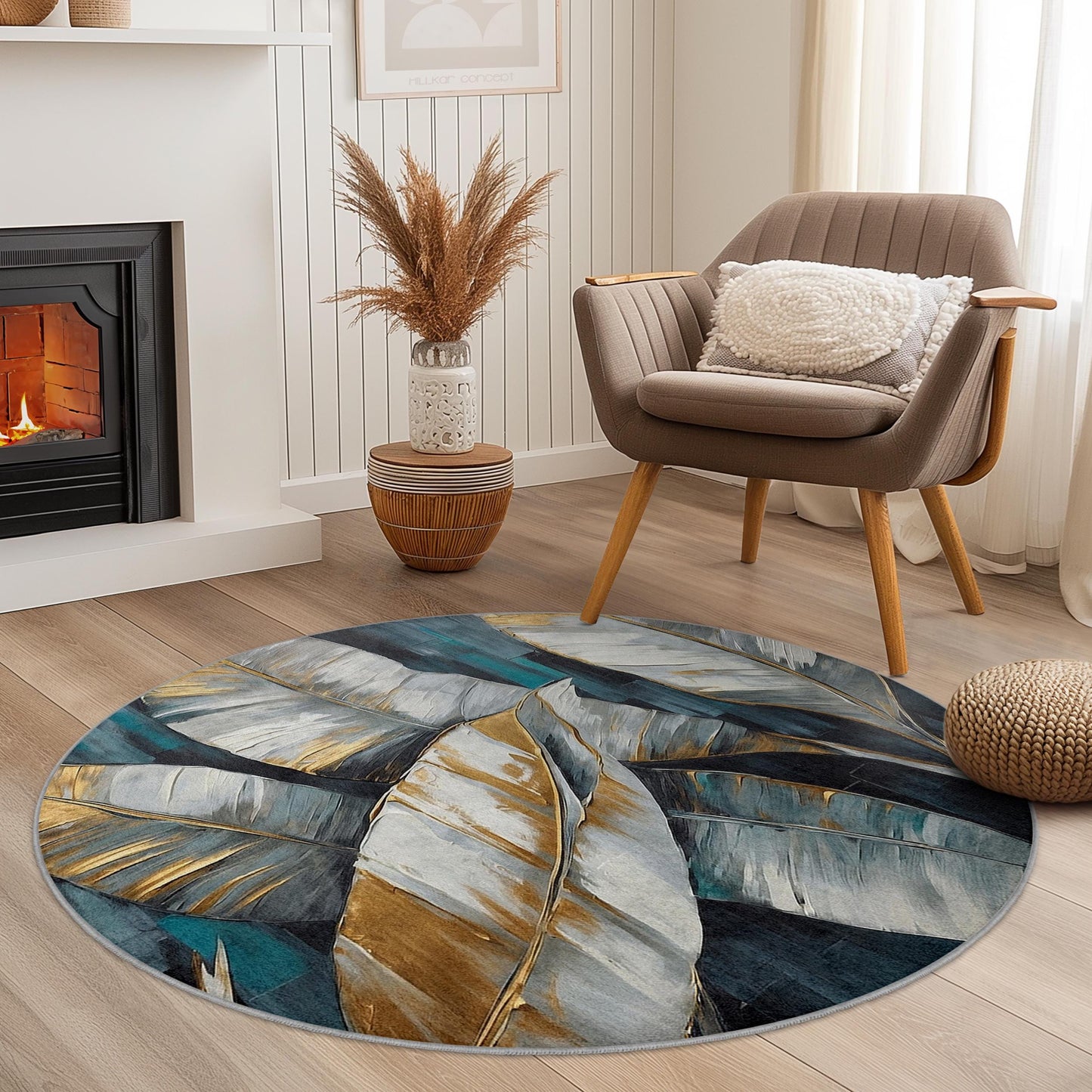 Elegant Gold Leaf Round Area Rug, Modern Leaf Design Carpet, Round Living Room Rug, Decorative Round Rug, Boho Chic Home Decor