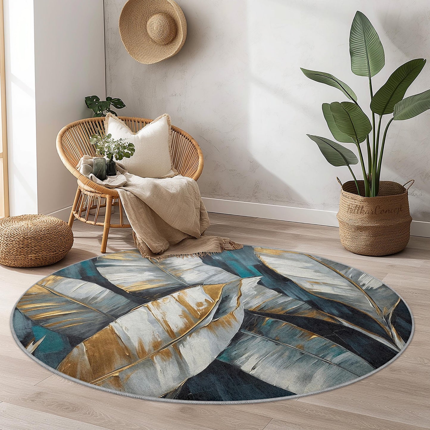 Elegant Gold Leaf Round Area Rug, Modern Leaf Design Carpet, Round Living Room Rug, Decorative Round Rug, Boho Chic Home Decor