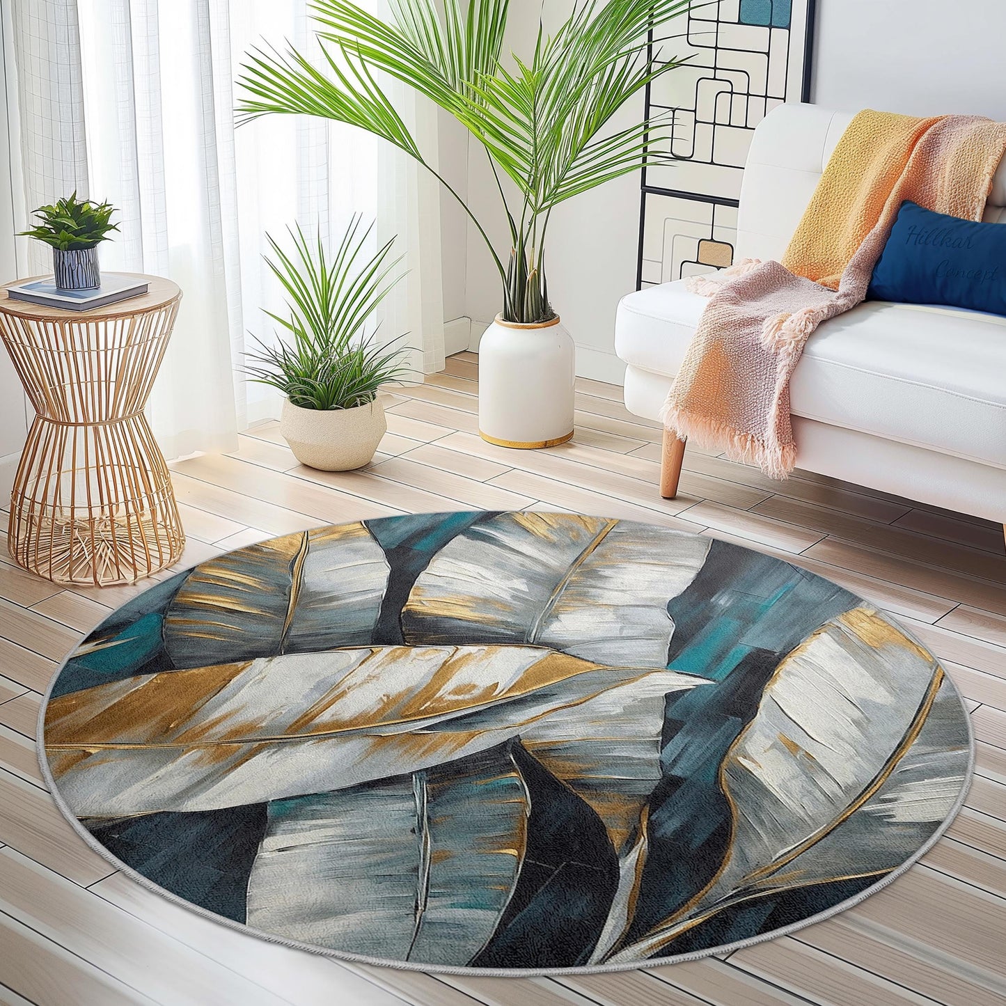 Elegant Gold Leaf Round Area Rug, Modern Leaf Design Carpet, Round Living Room Rug, Decorative Round Rug, Boho Chic Home Decor