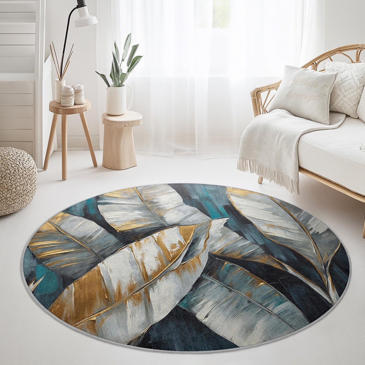 Elegant Gold Leaf Round Area Rug, Modern Leaf Design Carpet, Round Living Room Rug, Decorative Round Rug, Boho Chic Home Decor