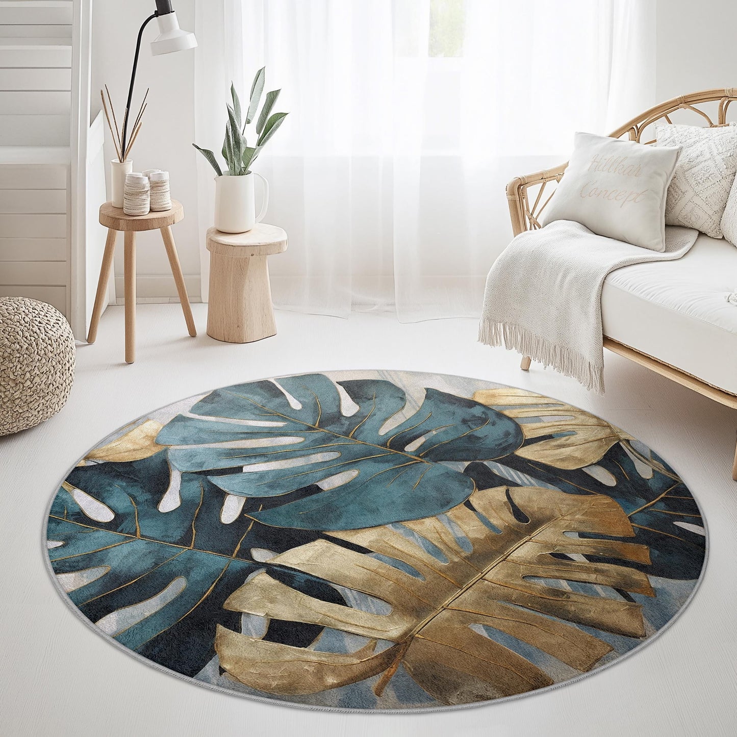 Tropical Monstera Leaf Round Area Rug, Bohemian Home Decor, Round Rug for Living Room, Leaf Print Carpet, Stylish Indoor Rug