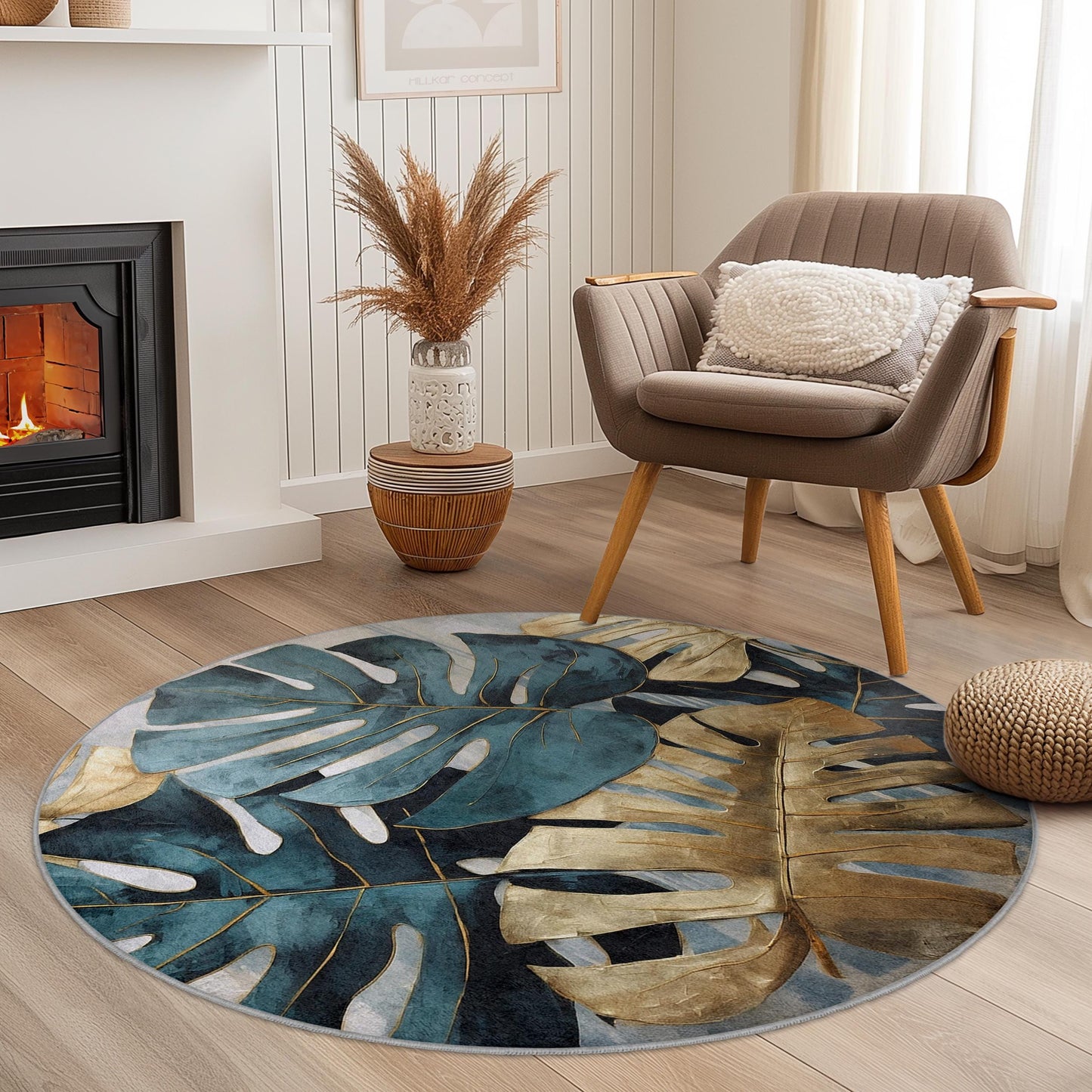 Tropical Monstera Leaf Round Area Rug, Bohemian Home Decor, Round Rug for Living Room, Leaf Print Carpet, Stylish Indoor Rug