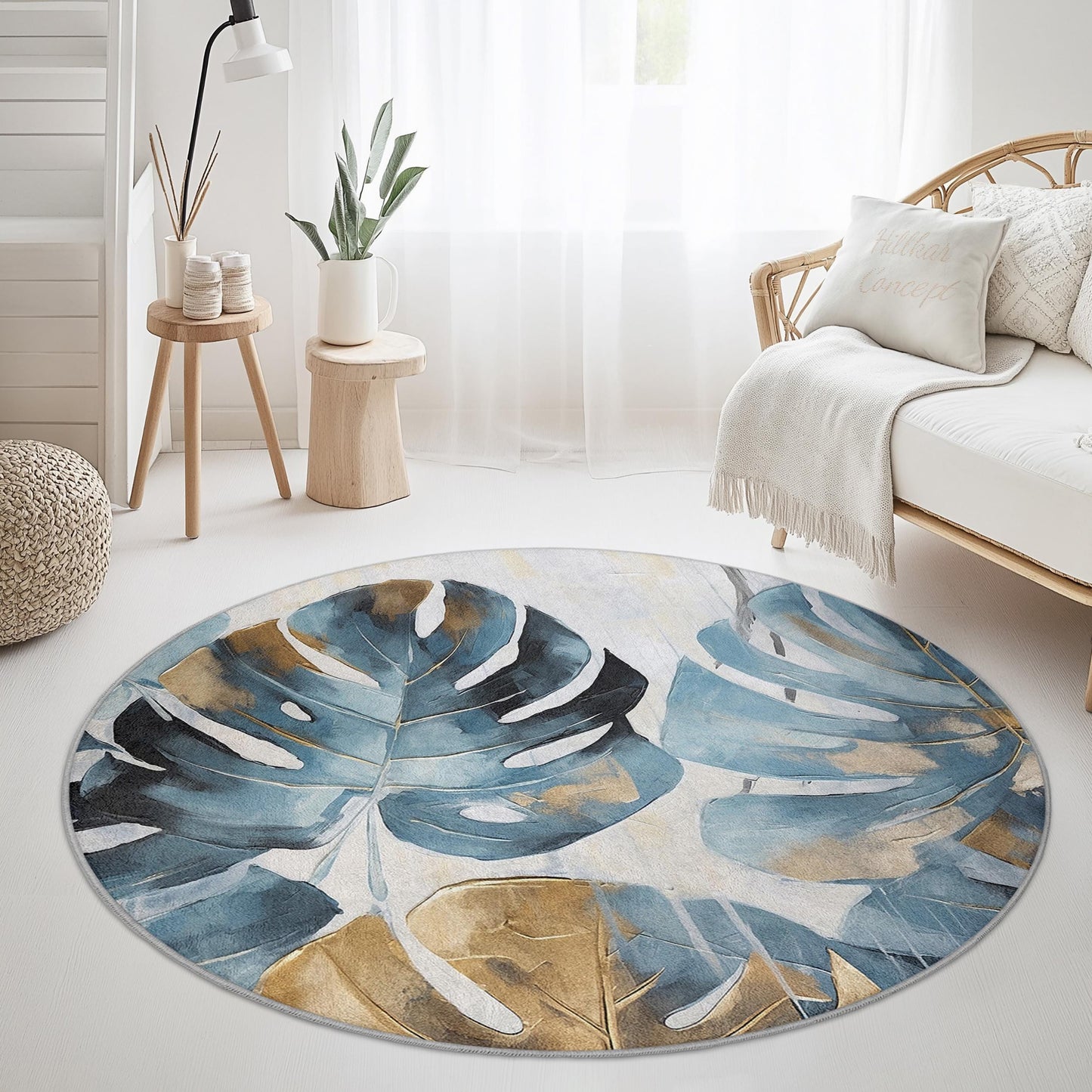 Tropical Leaf Round Area Rug, Blue and Gold Monstera Leaf Rug, Boho Chic Decor, Living Room Carpet, Round Plant Rug for Home