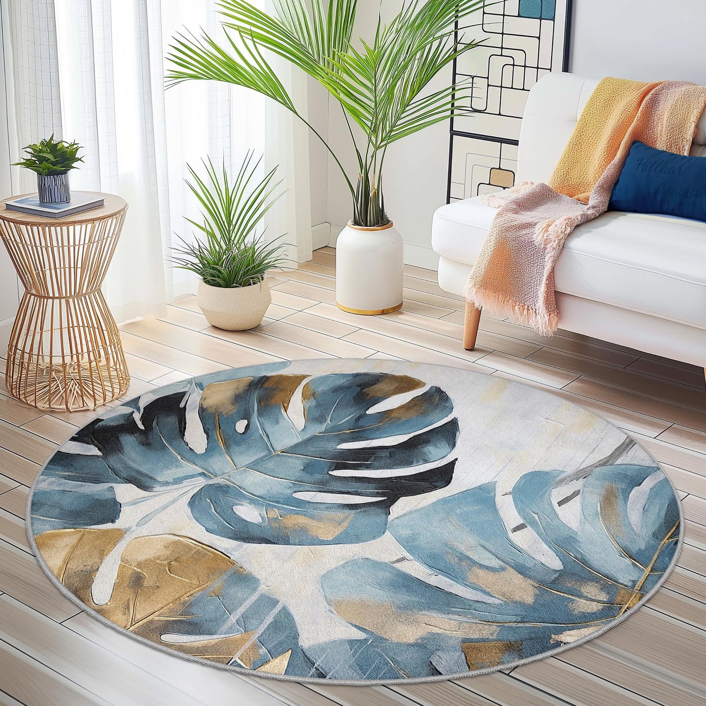 Tropical Leaf Round Area Rug, Blue and Gold Monstera Leaf Rug, Boho Chic Decor, Living Room Carpet, Round Plant Rug for Home