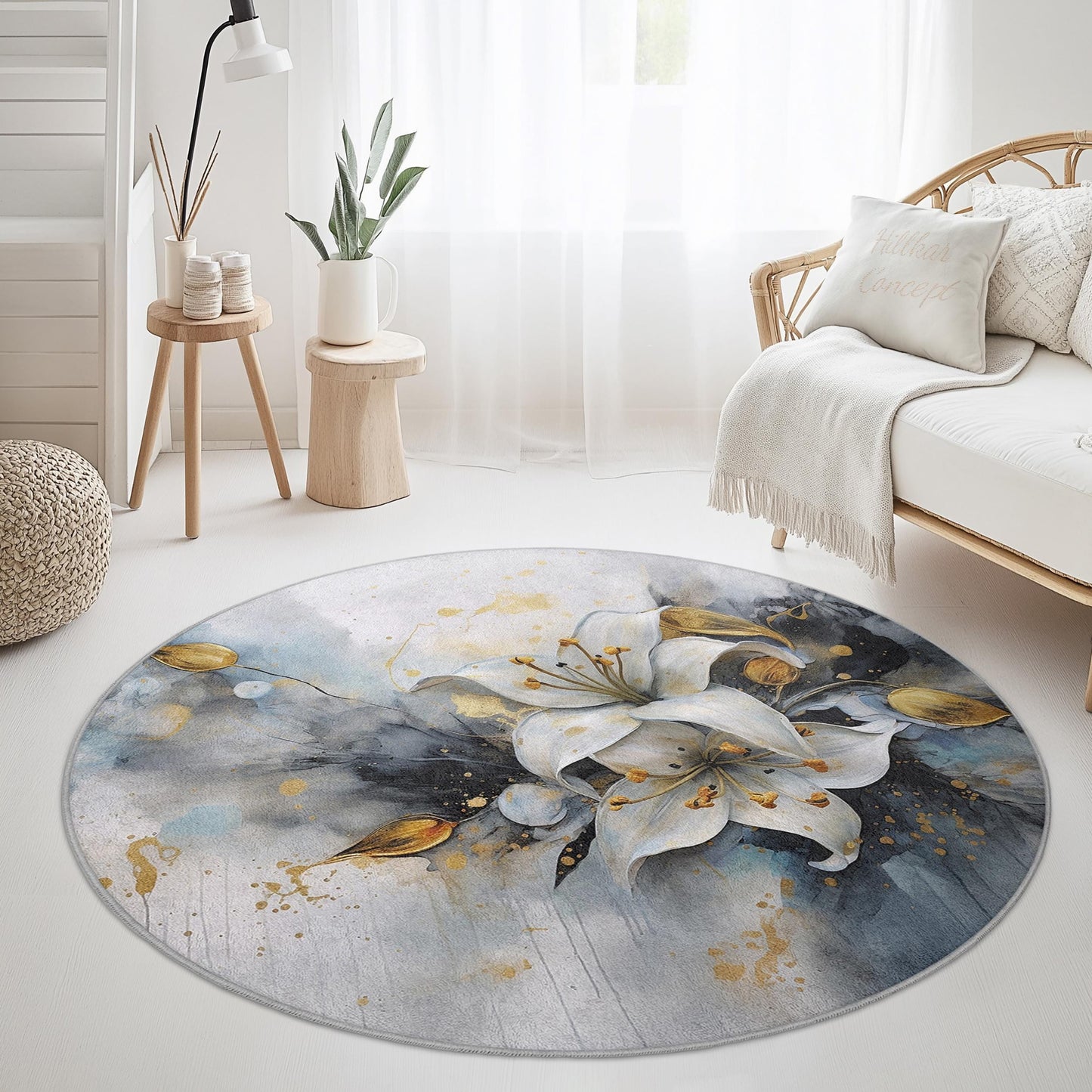 Elegant Floral Round Area Rug, Soft Lily Design Carpet, Modern Round Rug for Living Room, Bedroom, Home Decor, Unique Accent Rug