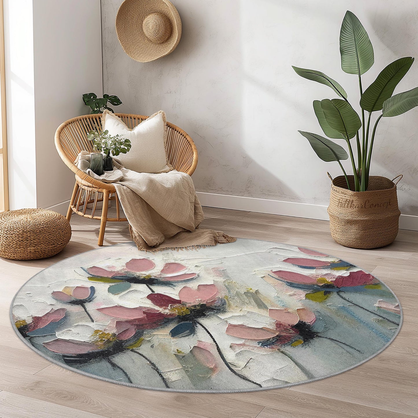 Floral Abstract Round Area Rug, Modern Flower Design Carpet, Round Floral Rug for Living Room, Bedroom, Home Decor