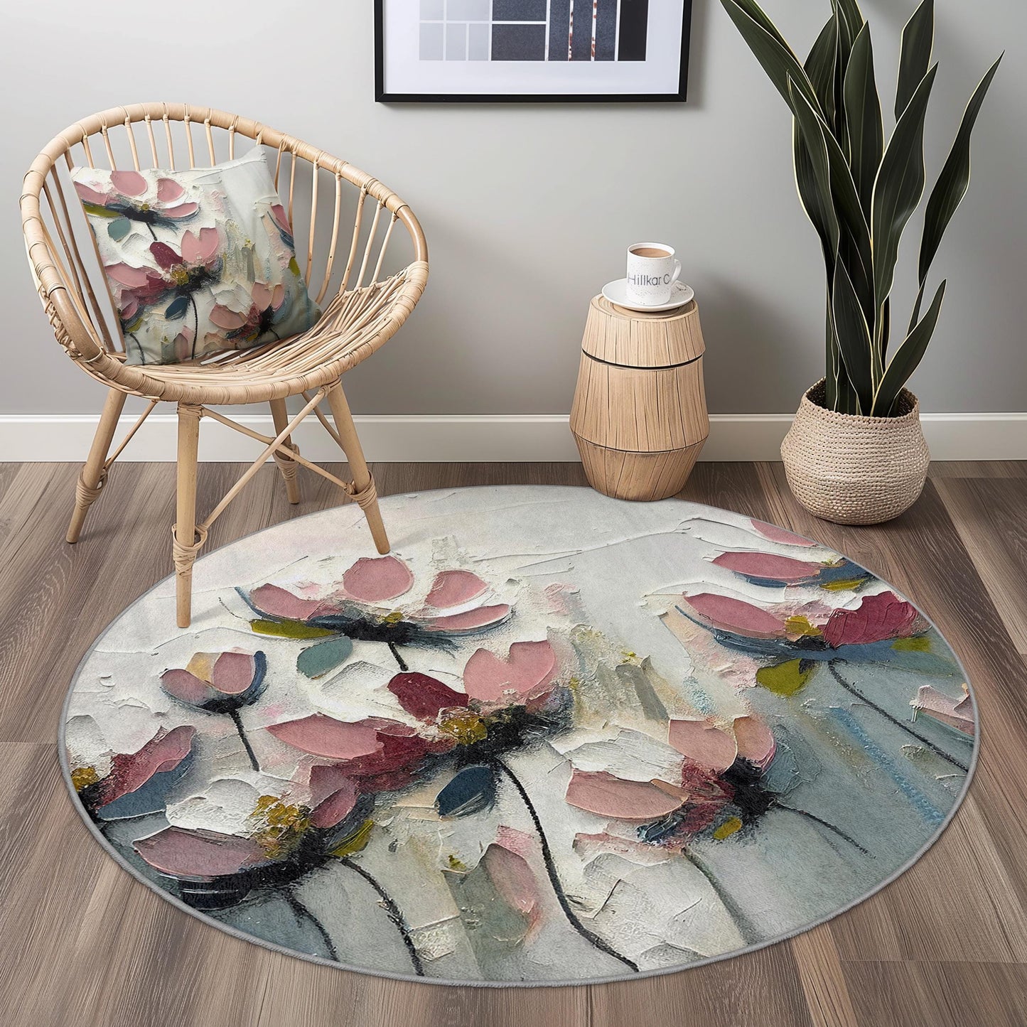Floral Abstract Round Area Rug, Modern Flower Design Carpet, Round Floral Rug for Living Room, Bedroom, Home Decor