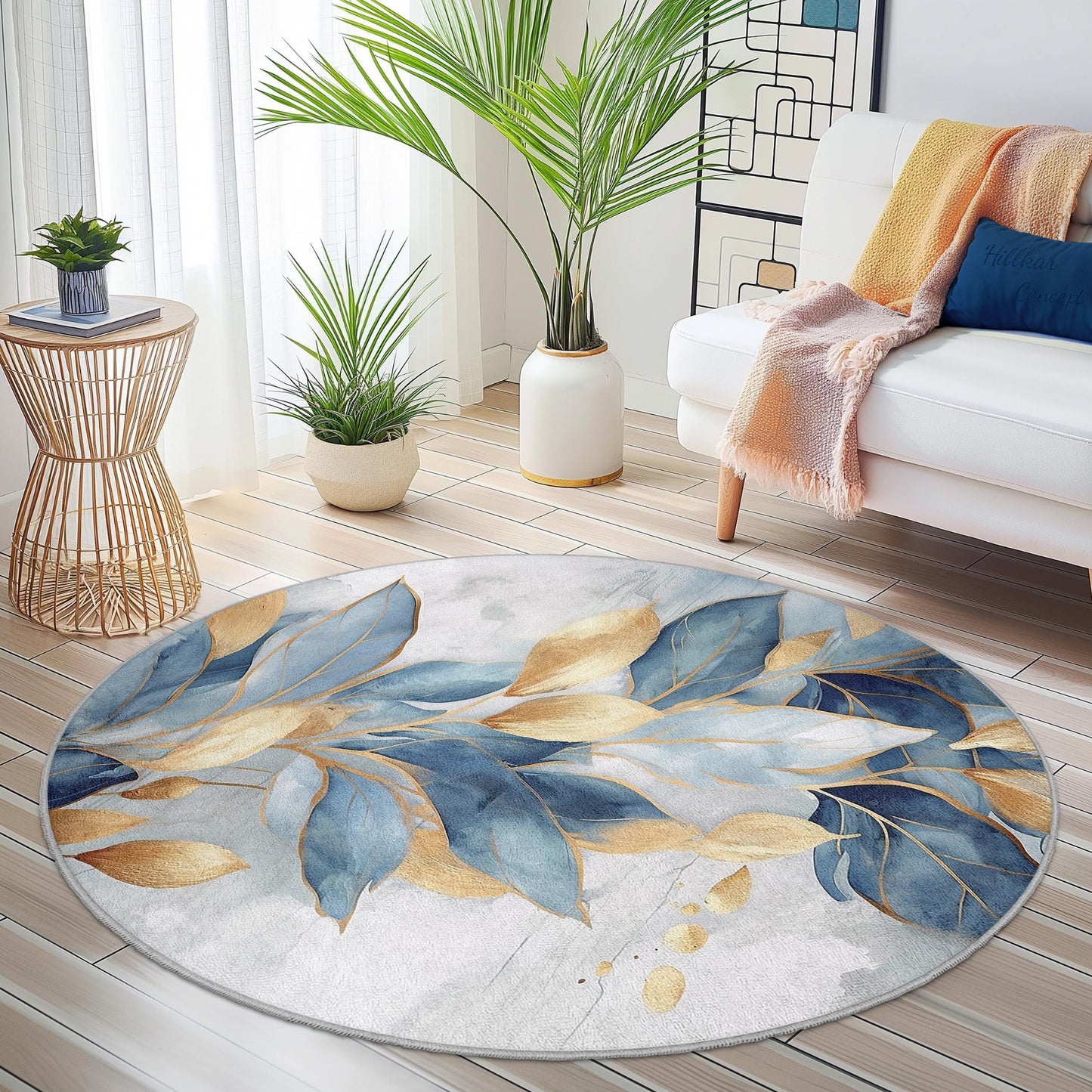 Blue and Gold Leaf Round Area Rug: Botanical Home Decor