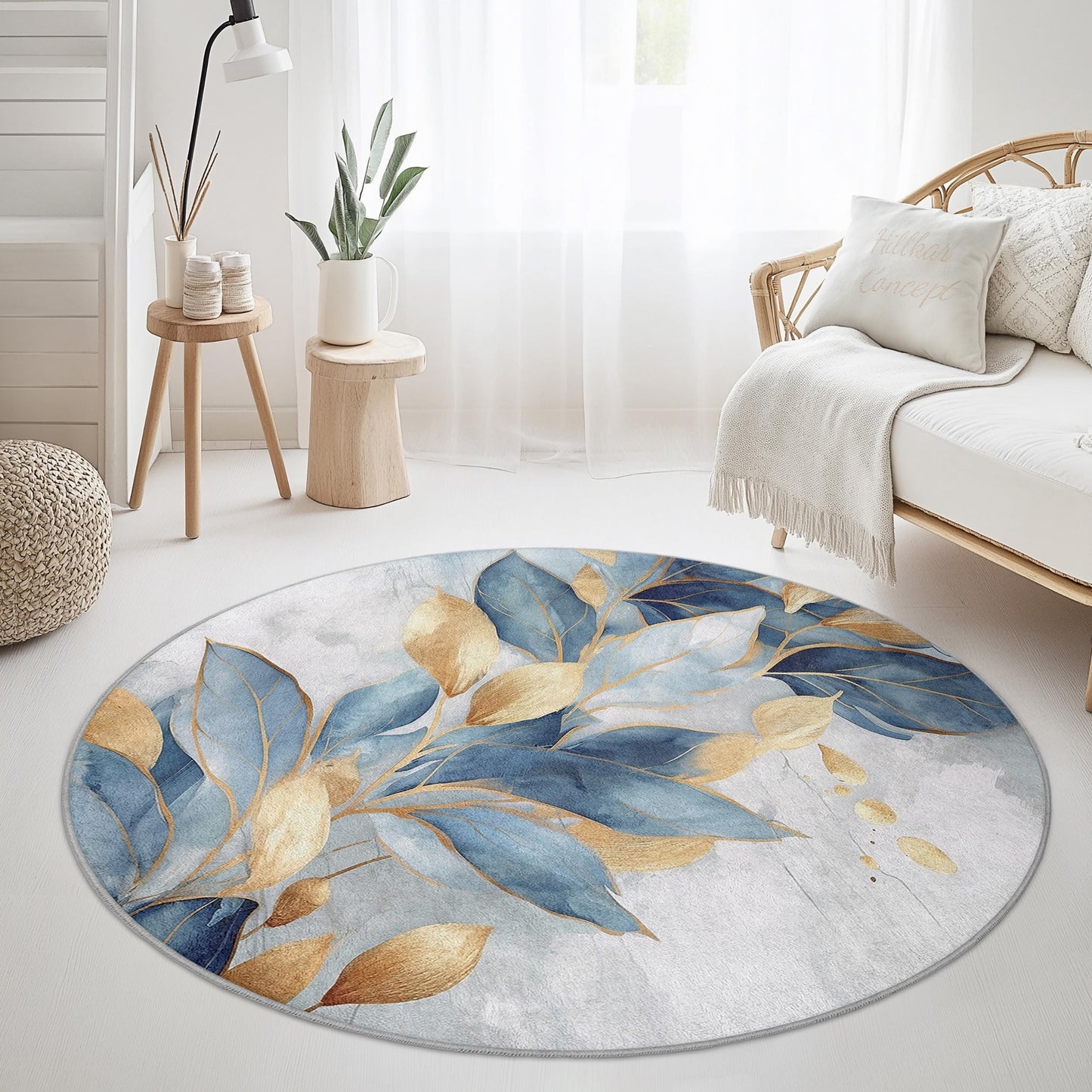 Blue and Gold Leaf Round Area Rug: Botanical Home Decor