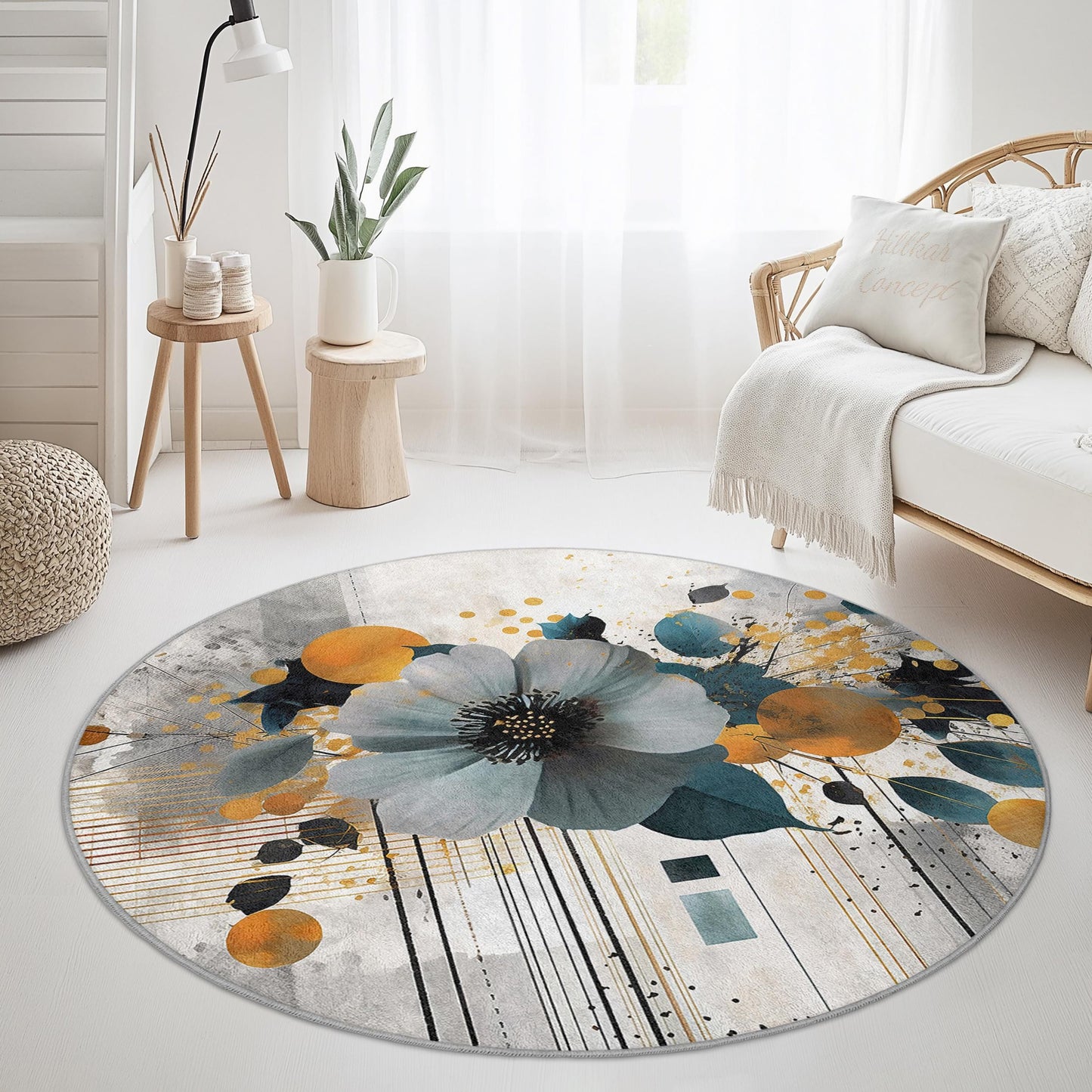 Vibrant Floral Round Area Rug, Artistic Flower Design Carpet, Modern Round Rug for Living Room, Bedroom, Home Decor