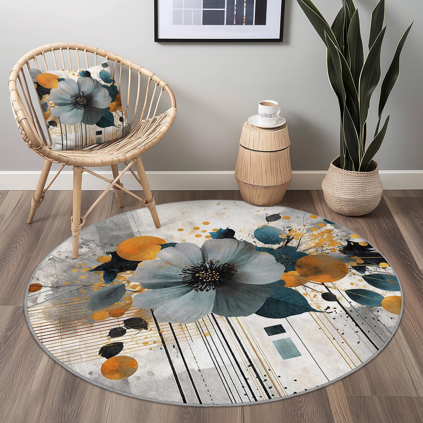 Vibrant Floral Round Area Rug, Artistic Flower Design Carpet, Modern Round Rug for Living Room, Bedroom, Home Decor