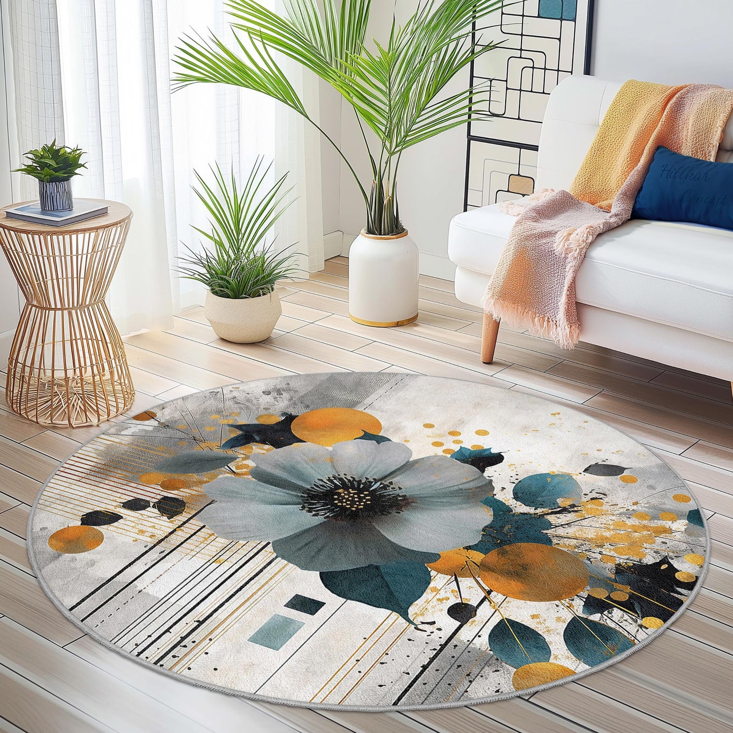 Vibrant Floral Round Area Rug, Artistic Flower Design Carpet, Modern Round Rug for Living Room, Bedroom, Home Decor