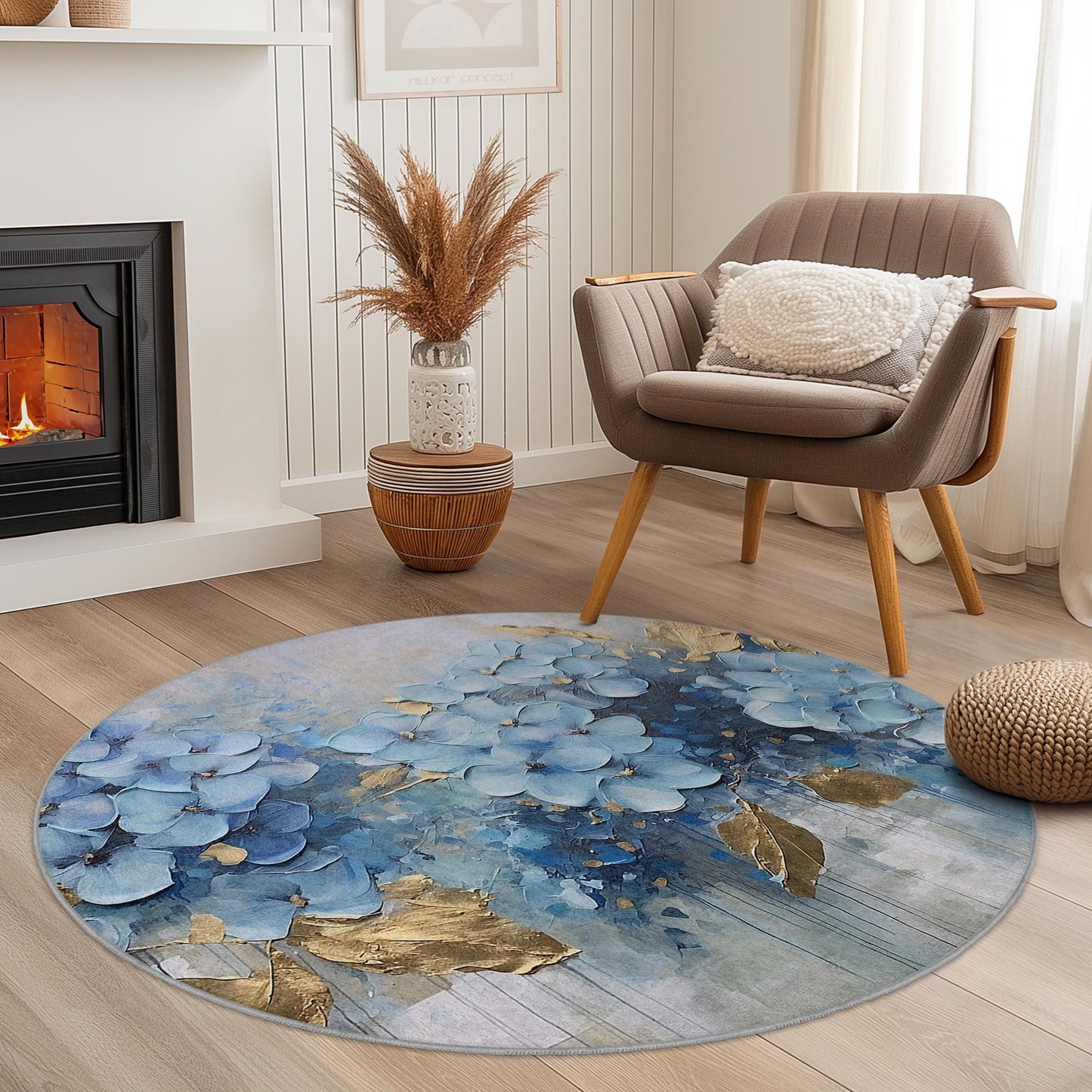 Blue Floral Round Area Rug, Elegant Flower Design Rug, Soft Round Carpet for Living Room, Bedroom, Home Decor