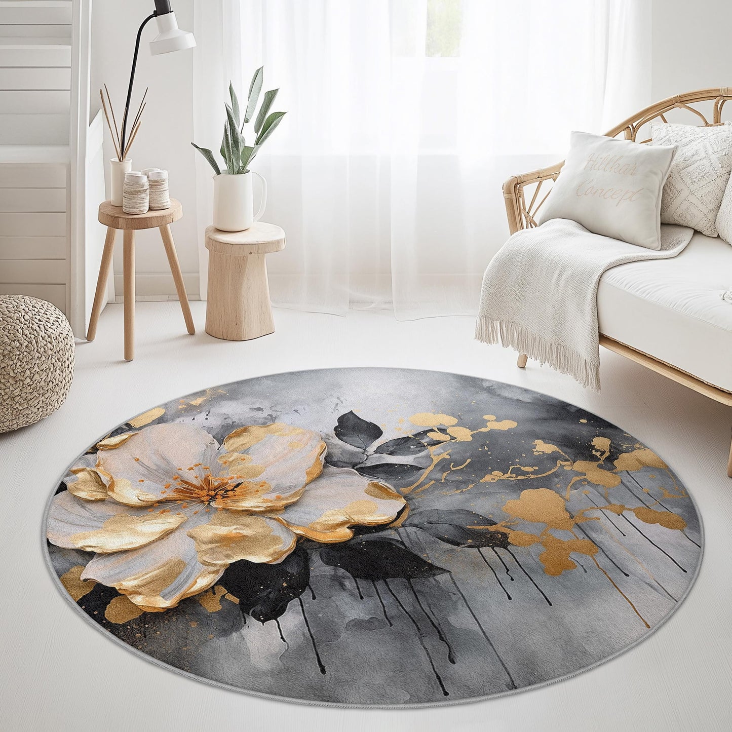 Elegant Floral Round Area Rug, Modern Flower Design Carpet, Soft Home Decor Rug for Living Room, Bedroom, and Office