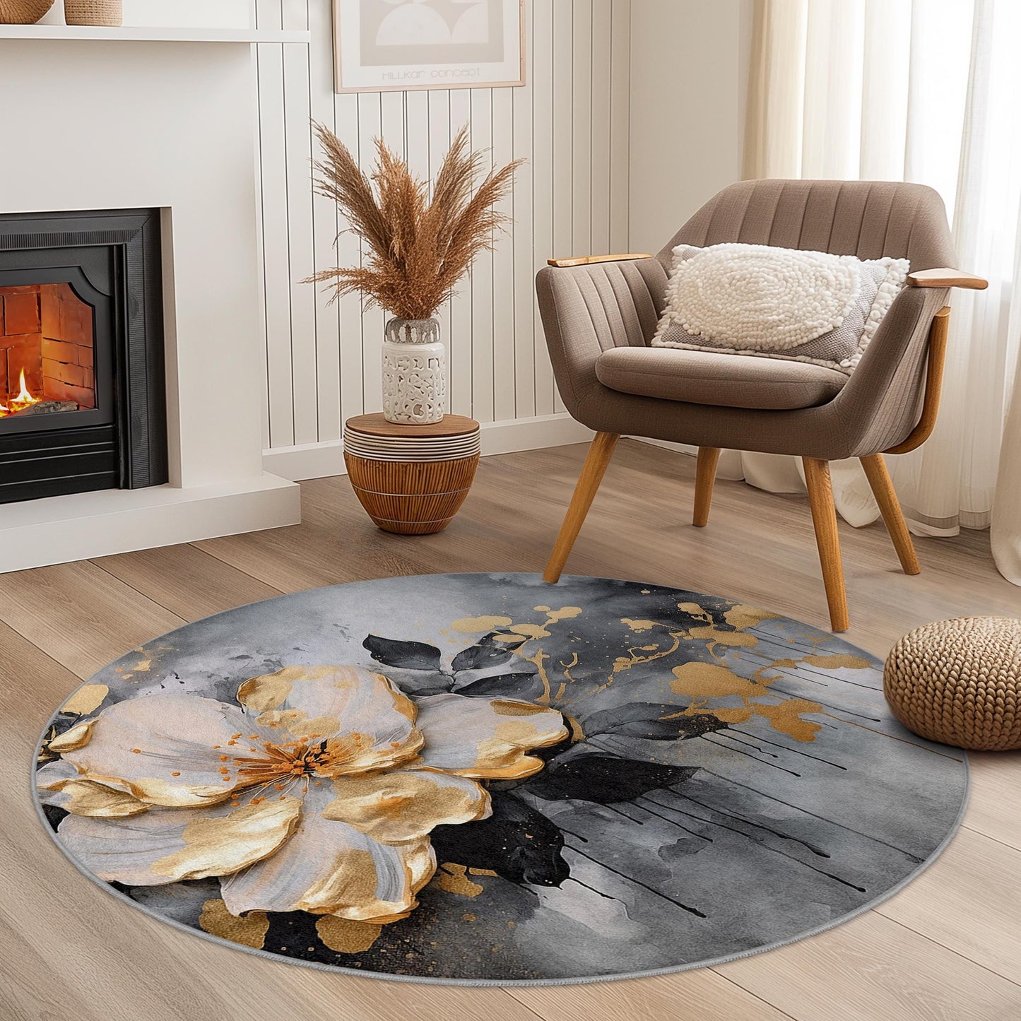Elegant Floral Round Area Rug, Modern Flower Design Carpet, Soft Home Decor Rug for Living Room, Bedroom, and Office
