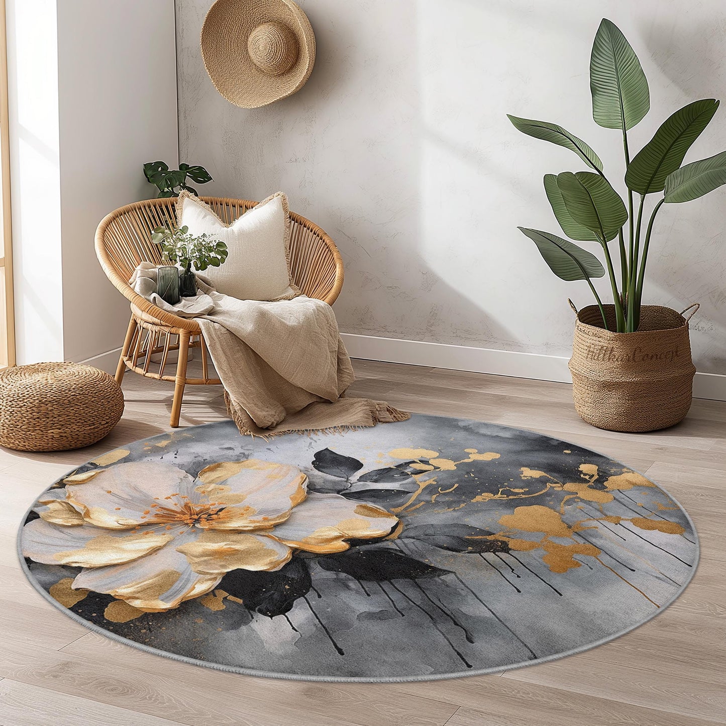Elegant Floral Round Area Rug, Modern Flower Design Carpet, Soft Home Decor Rug for Living Room, Bedroom, and Office
