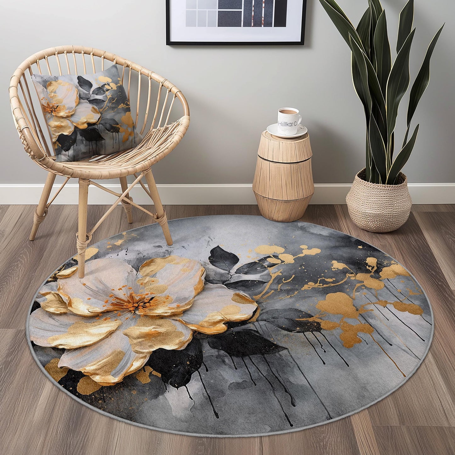 Elegant Floral Round Area Rug, Modern Flower Design Carpet, Soft Home Decor Rug for Living Room, Bedroom, and Office