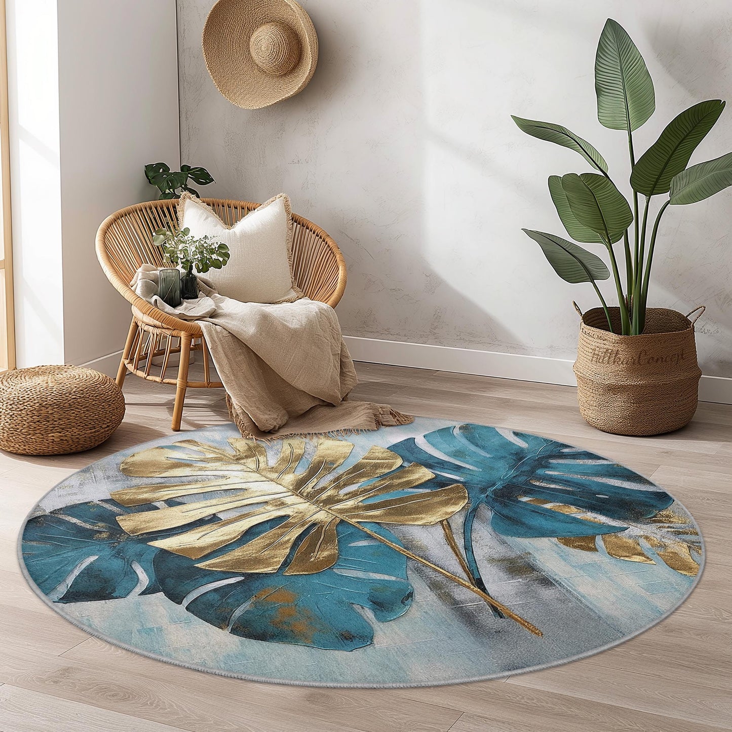 Tropical Monstera Leaves Round Area Rug, Gold Leaf Design, Bohemian Style Carpet for Living Room, Home Decor, Soft Floor Mat