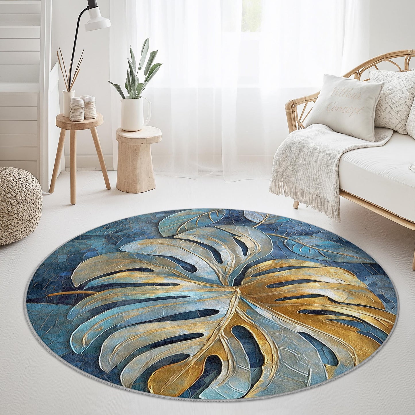 Tropical Leaf Round Area Rug, Monstera Leaf Design, Elegant Round Carpet for Living Room, Boho Home Decor, Soft Round Rug