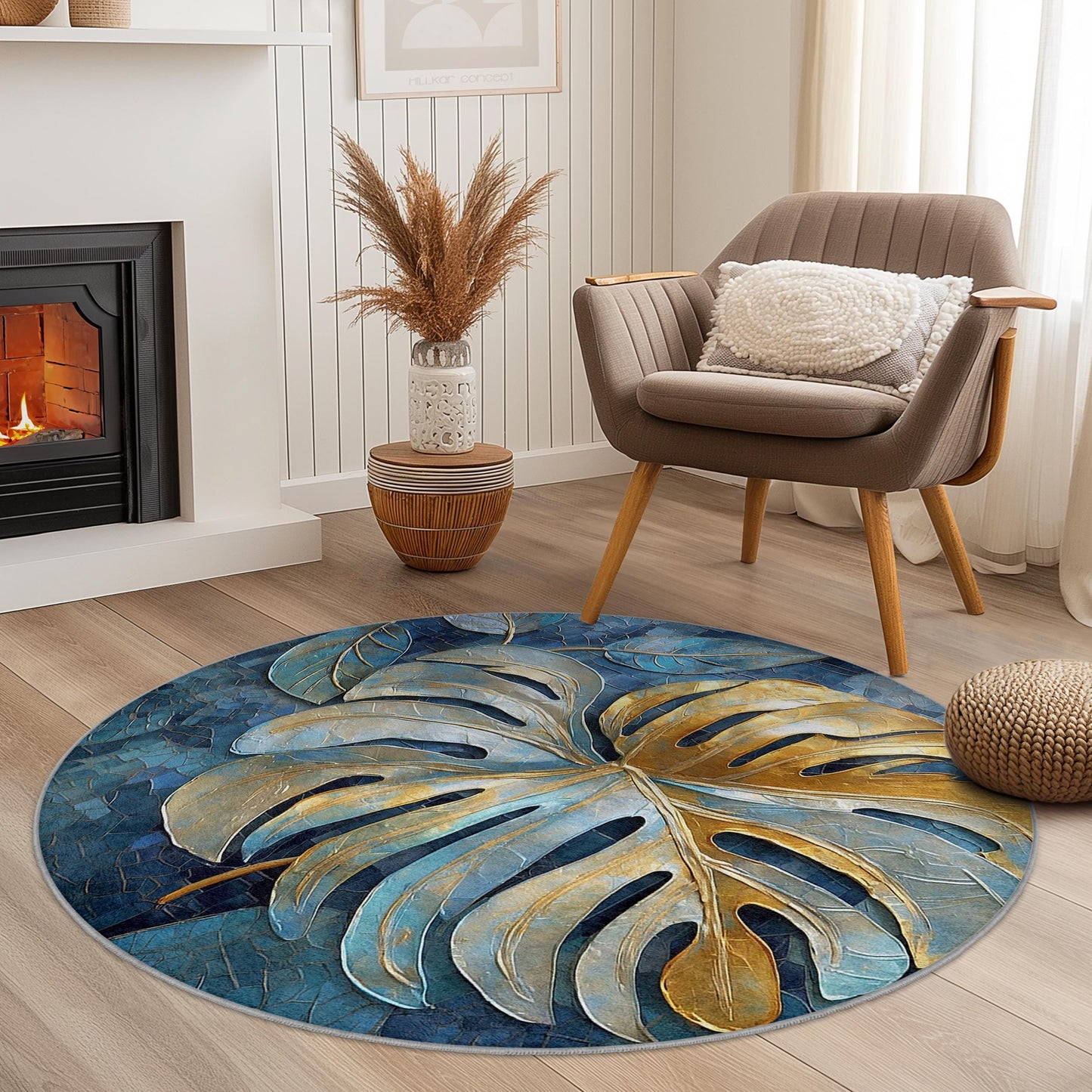 Tropical Leaf Round Area Rug, Monstera Leaf Design, Elegant Round Carpet for Living Room, Boho Home Decor, Soft Round Rug