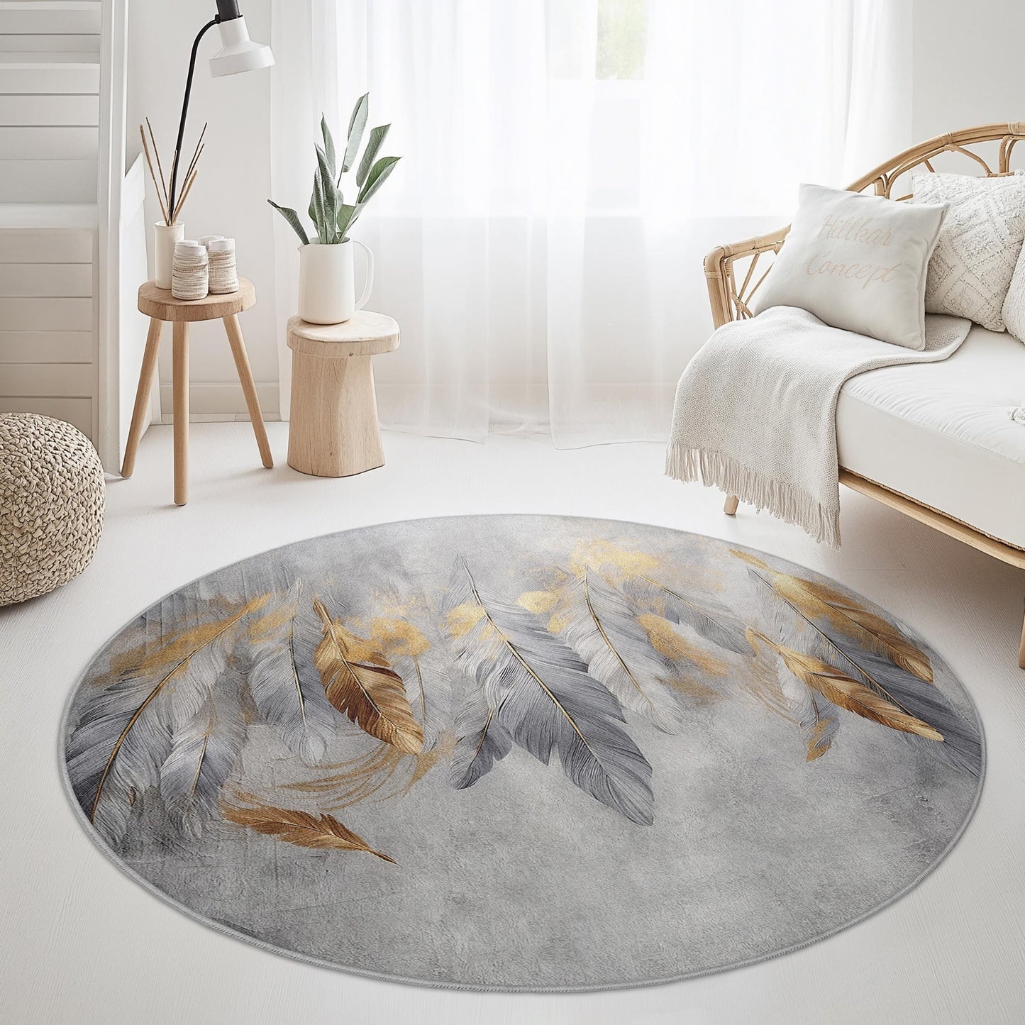 Elegant Feather Design Round Area Rug, Bohemian Circle Rug, Decorative Floor Mat for Living Room, Bedroom, or Nursery