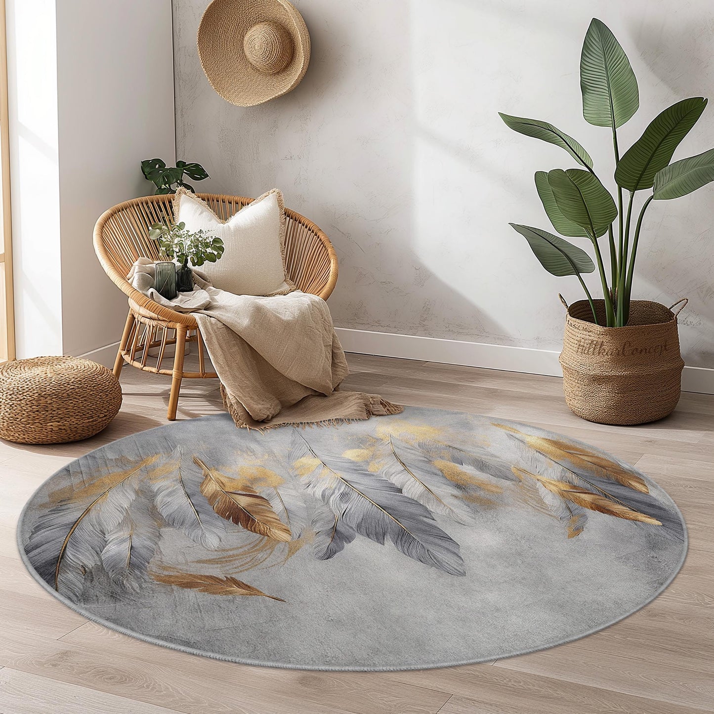 Elegant Feather Design Round Area Rug, Bohemian Circle Rug, Decorative Floor Mat for Living Room, Bedroom, or Nursery