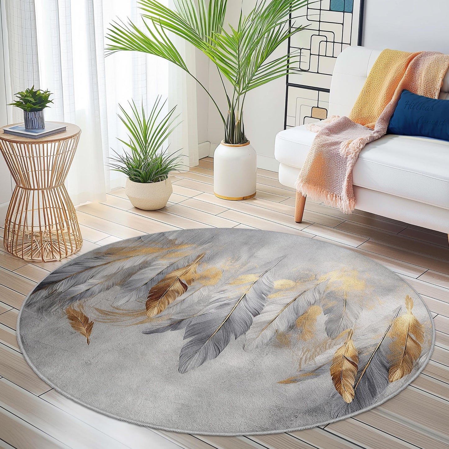 Elegant Feather Design Round Area Rug, Bohemian Circle Rug, Decorative Floor Mat for Living Room, Bedroom, or Nursery