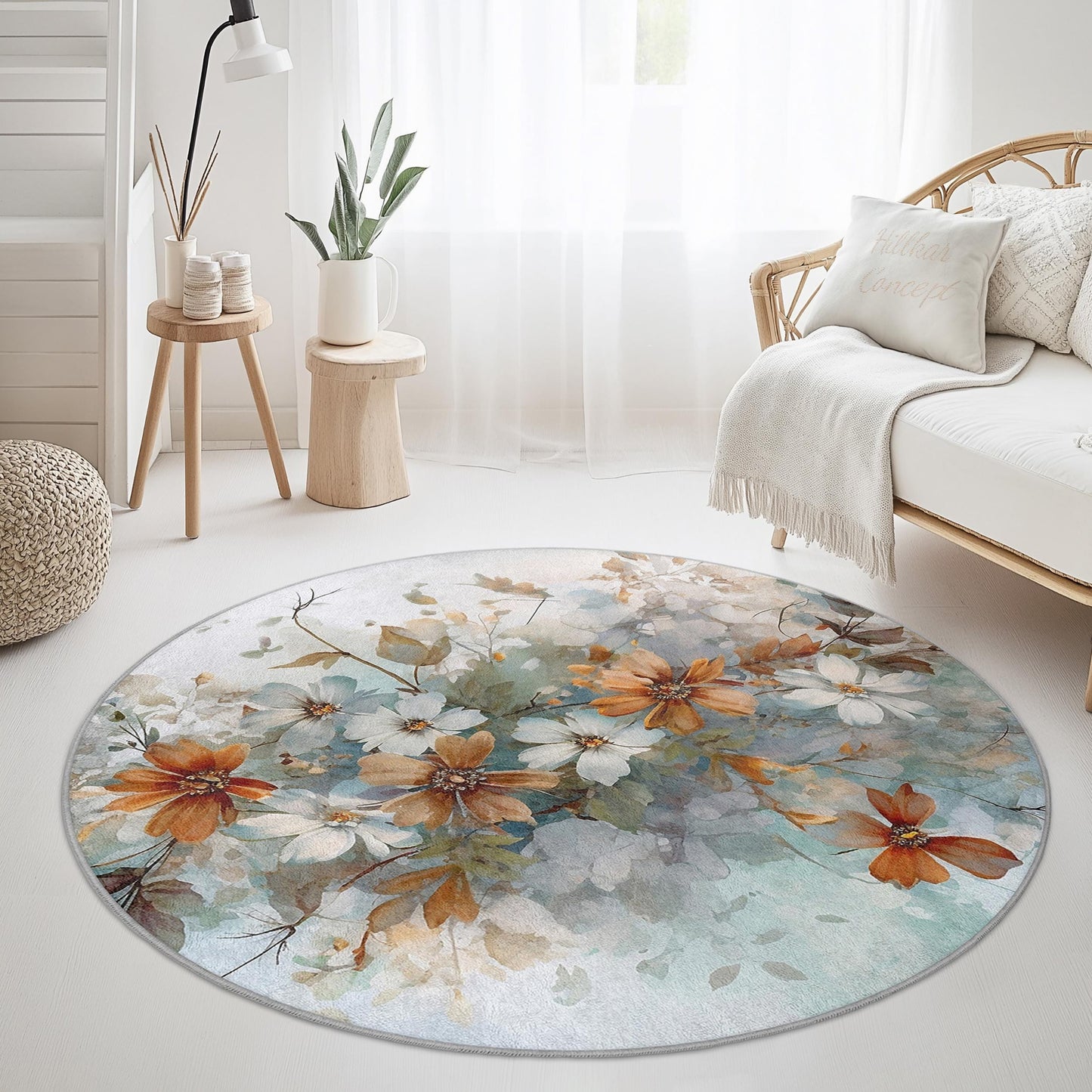 Floral Abstract Round Area Rug, Flower Pattern Round Carpet, Botanical Design Rug for Living Room, Bedroom, Home Decor