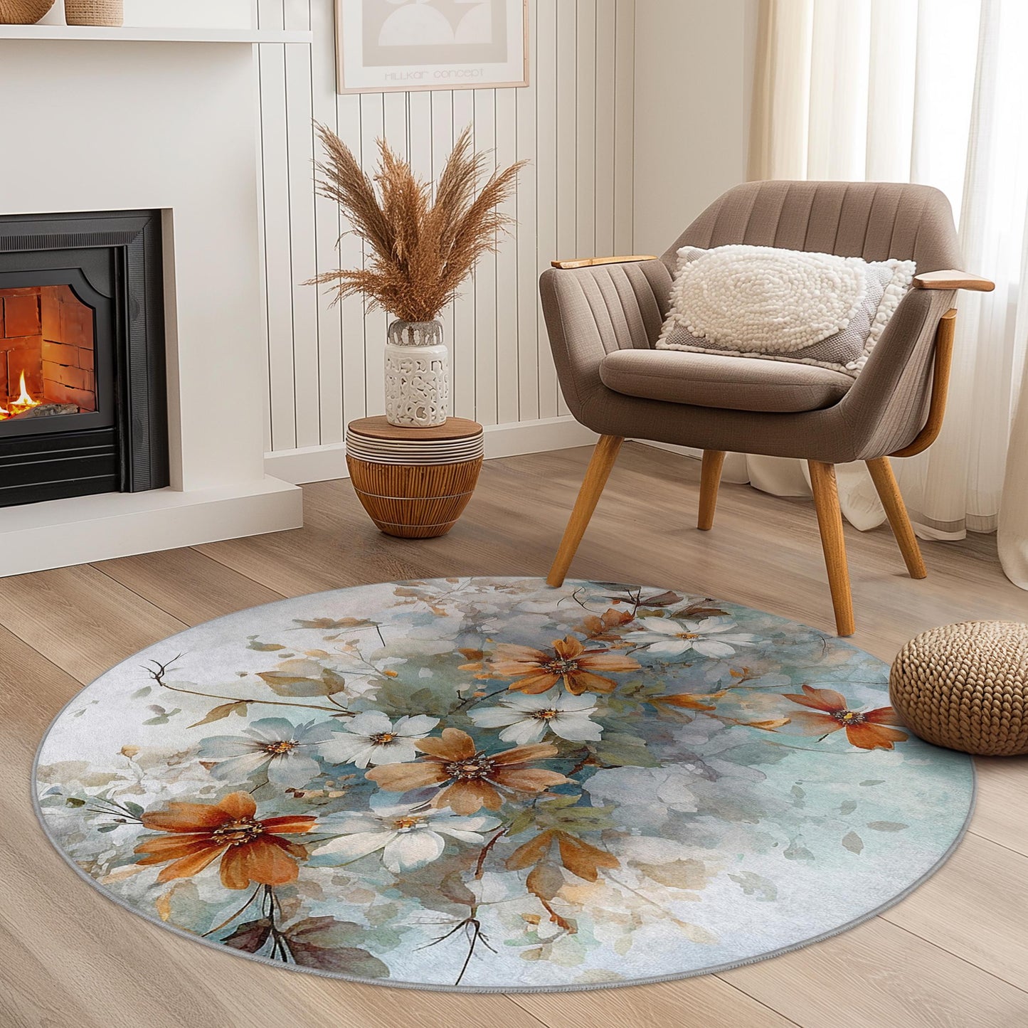 Floral Abstract Round Area Rug, Flower Pattern Round Carpet, Botanical Design Rug for Living Room, Bedroom, Home Decor