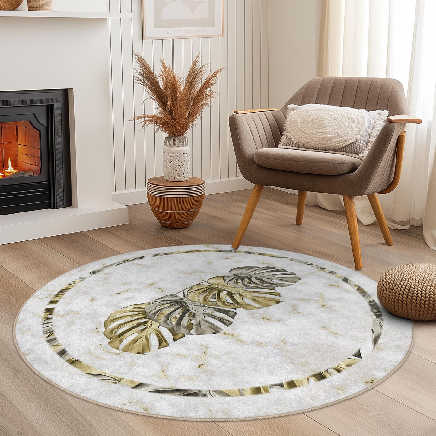 Elegant Monstera Leaf Round Rug, Tropical Plant Decor, Soft Round Carpet for Living Room, Boho Chic Area Rug, Home Decor