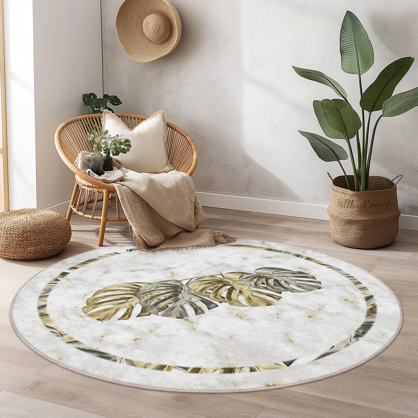 Elegant Monstera Leaf Round Rug, Tropical Plant Decor, Soft Round Carpet for Living Room, Boho Chic Area Rug, Home Decor