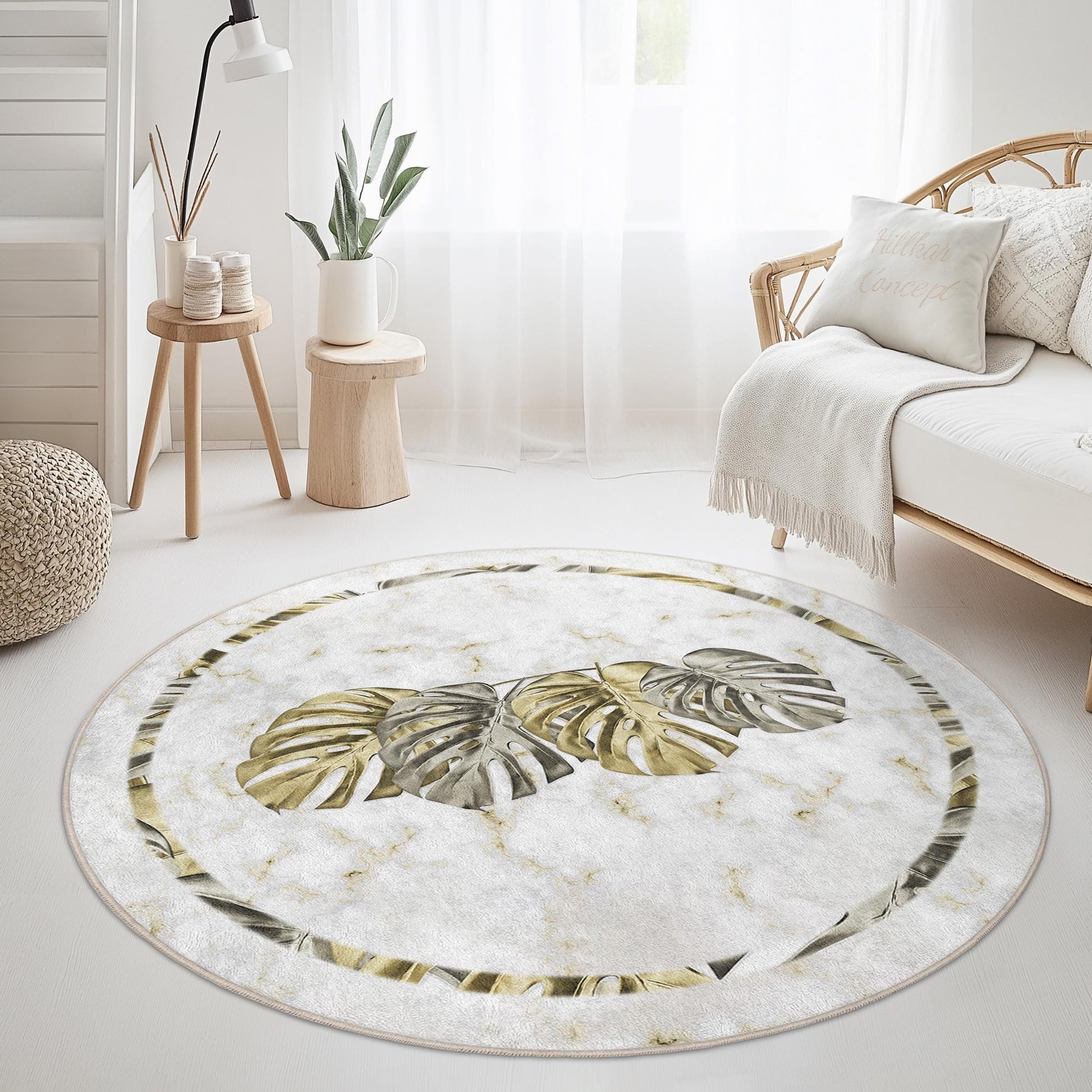 Elegant Monstera Leaf Round Rug, Tropical Plant Decor, Soft Round Carpet for Living Room, Boho Chic Area Rug, Home Decor