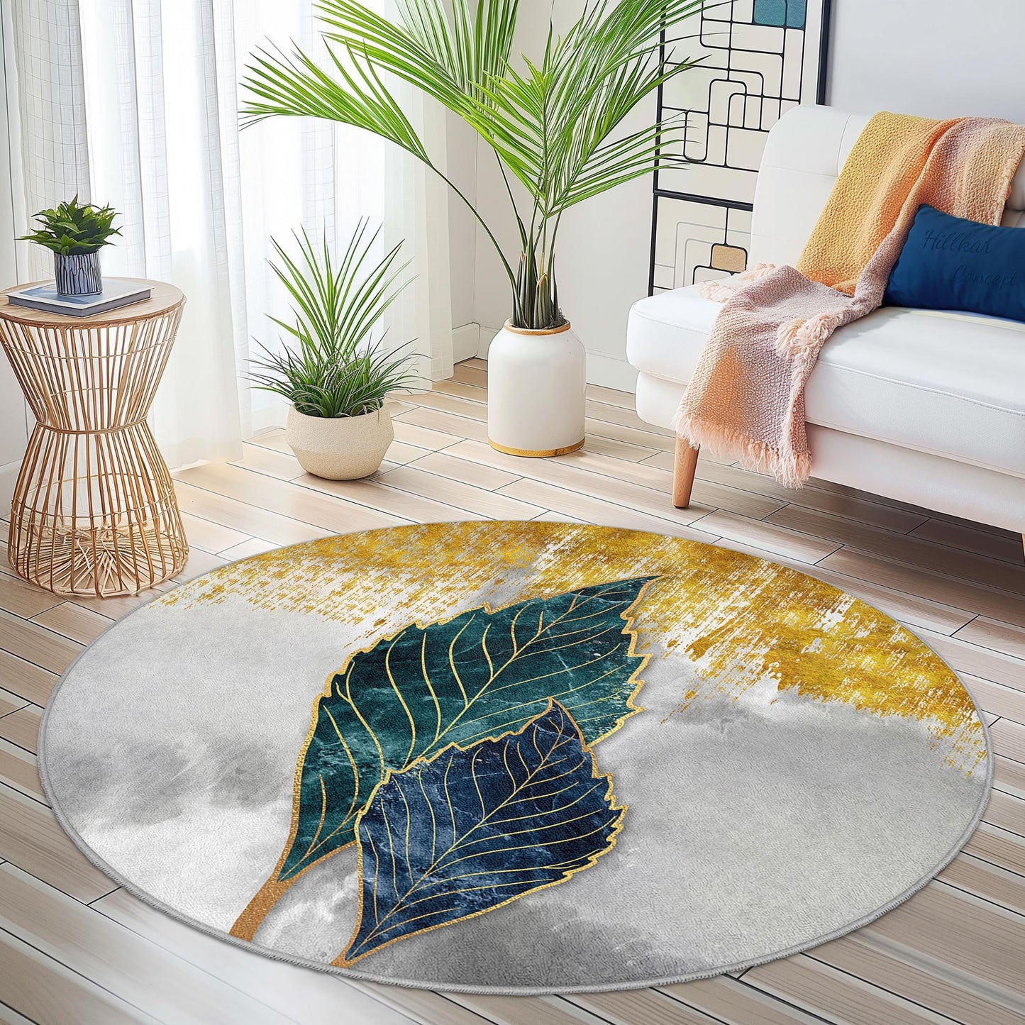 Elegant Round Leaf Pattern Area Rug, Modern Botanical Round Carpet, Living Room Decor, Soft Round Rug, Home Accent Rug