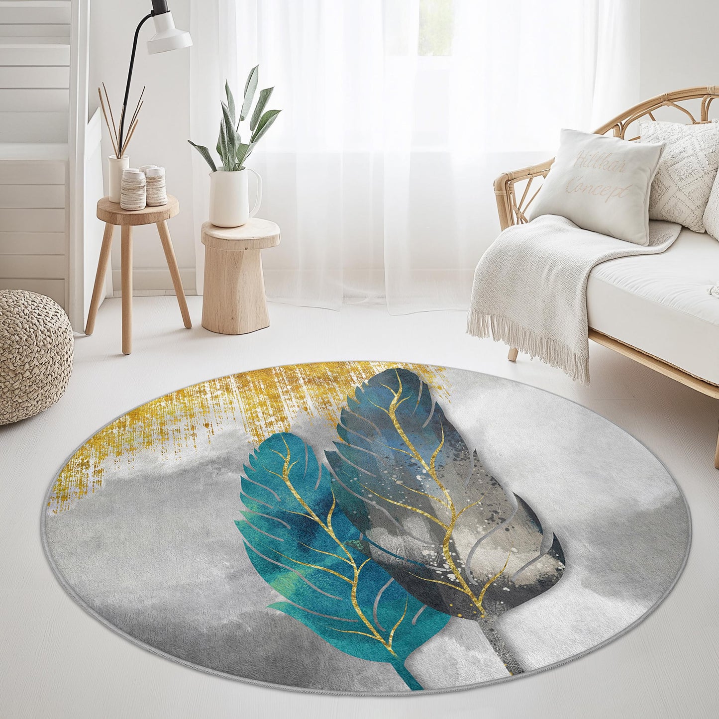 Elegant Round Feather Area Rug, Boho Chic Round Rug, Soft Feather Design Carpet, Living Room Decor, Modern Round Floor Mat