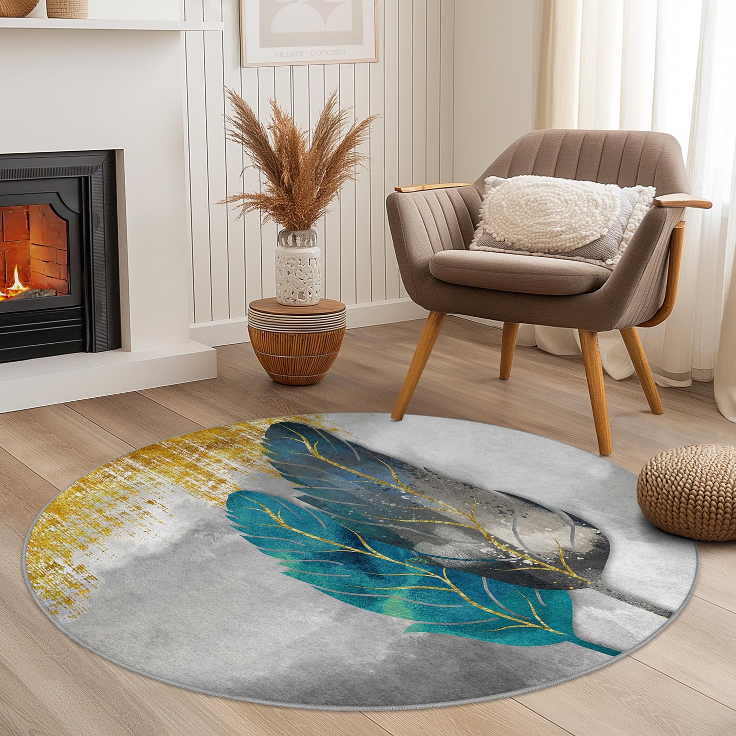 Elegant Round Feather Area Rug, Boho Chic Round Rug, Soft Feather Design Carpet, Living Room Decor, Modern Round Floor Mat