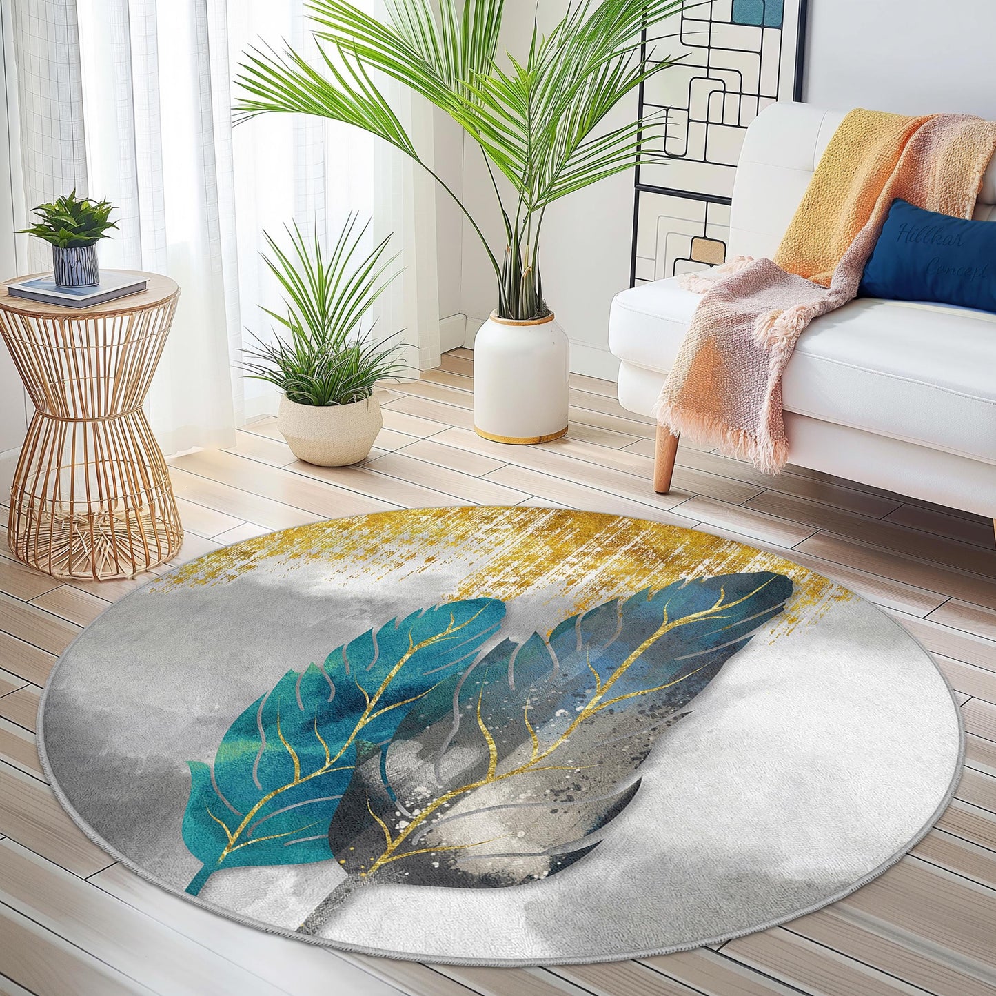 Elegant Round Feather Area Rug, Boho Chic Round Rug, Soft Feather Design Carpet, Living Room Decor, Modern Round Floor Mat