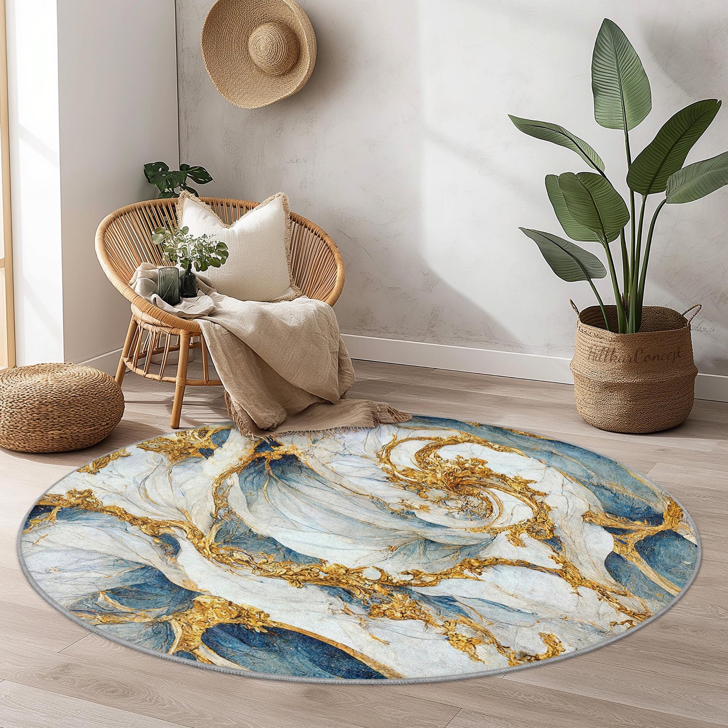 Elegant Round Blue and Gold Swirl Area Rug, Artistic Round Carpet for Living Room, Unique Home Decor, Luxurious Round Rug