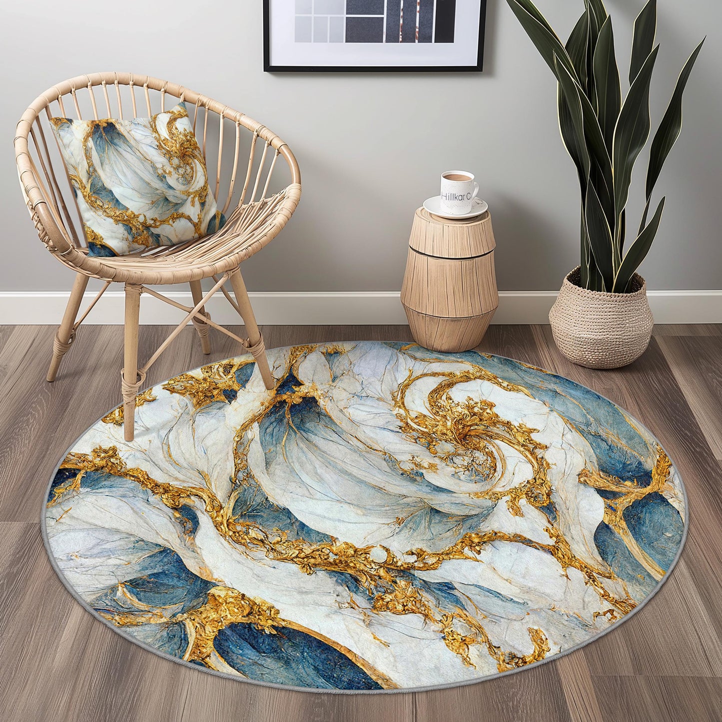 Elegant Round Blue and Gold Swirl Area Rug, Artistic Round Carpet for Living Room, Unique Home Decor, Luxurious Round Rug