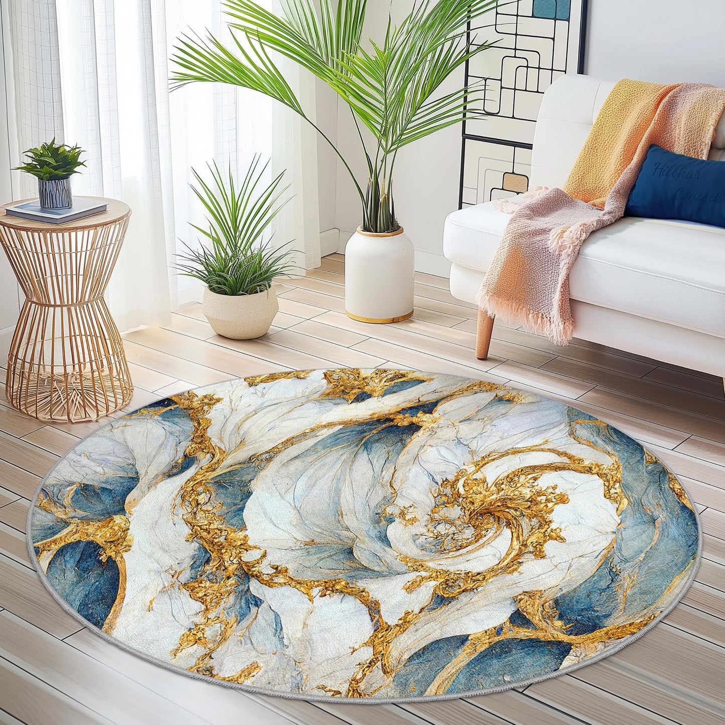 Elegant Round Blue and Gold Swirl Area Rug, Artistic Round Carpet for Living Room, Unique Home Decor, Luxurious Round Rug