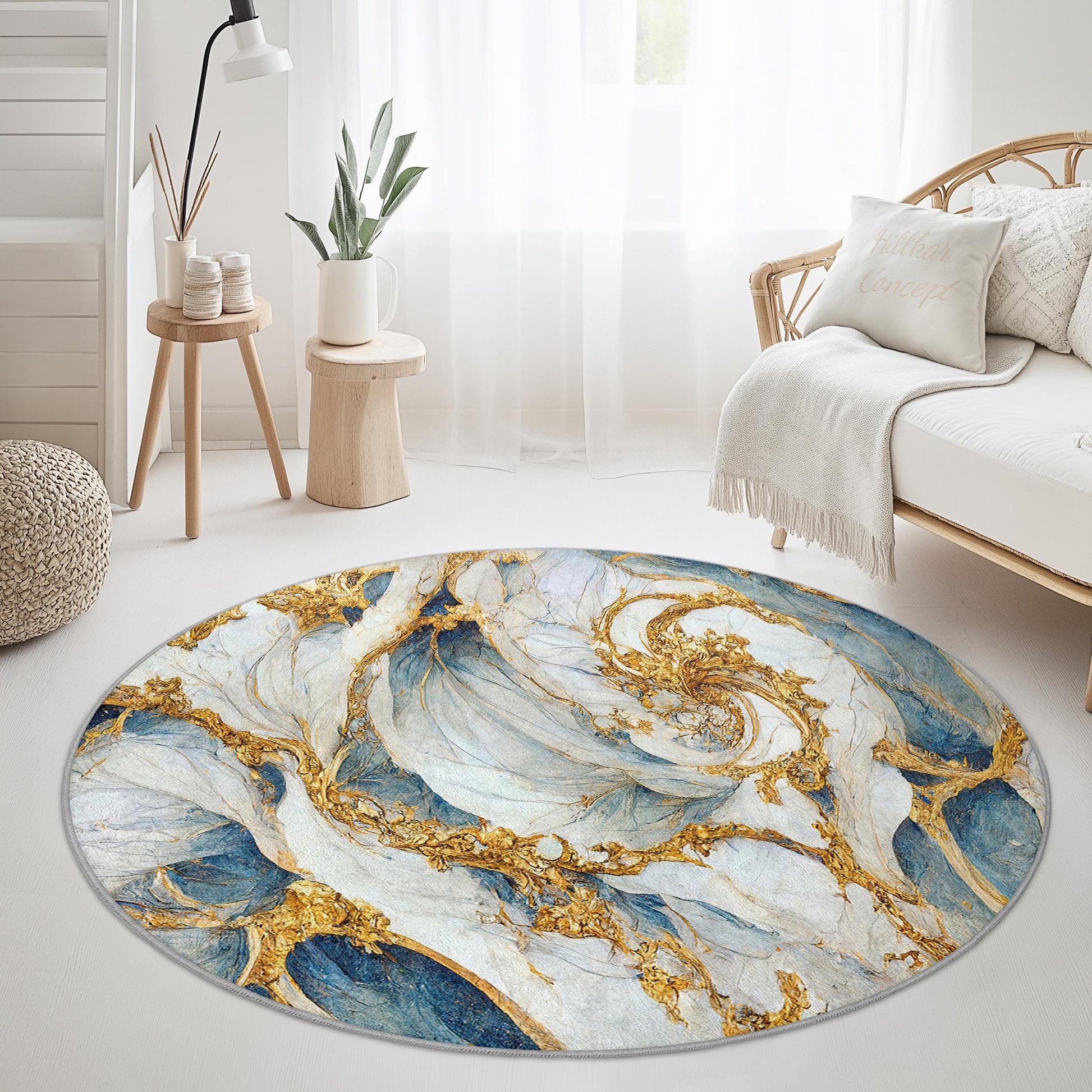 Elegant Round Blue and Gold Swirl Area Rug, Artistic Round Carpet for Living Room, Unique Home Decor, Luxurious Round Rug