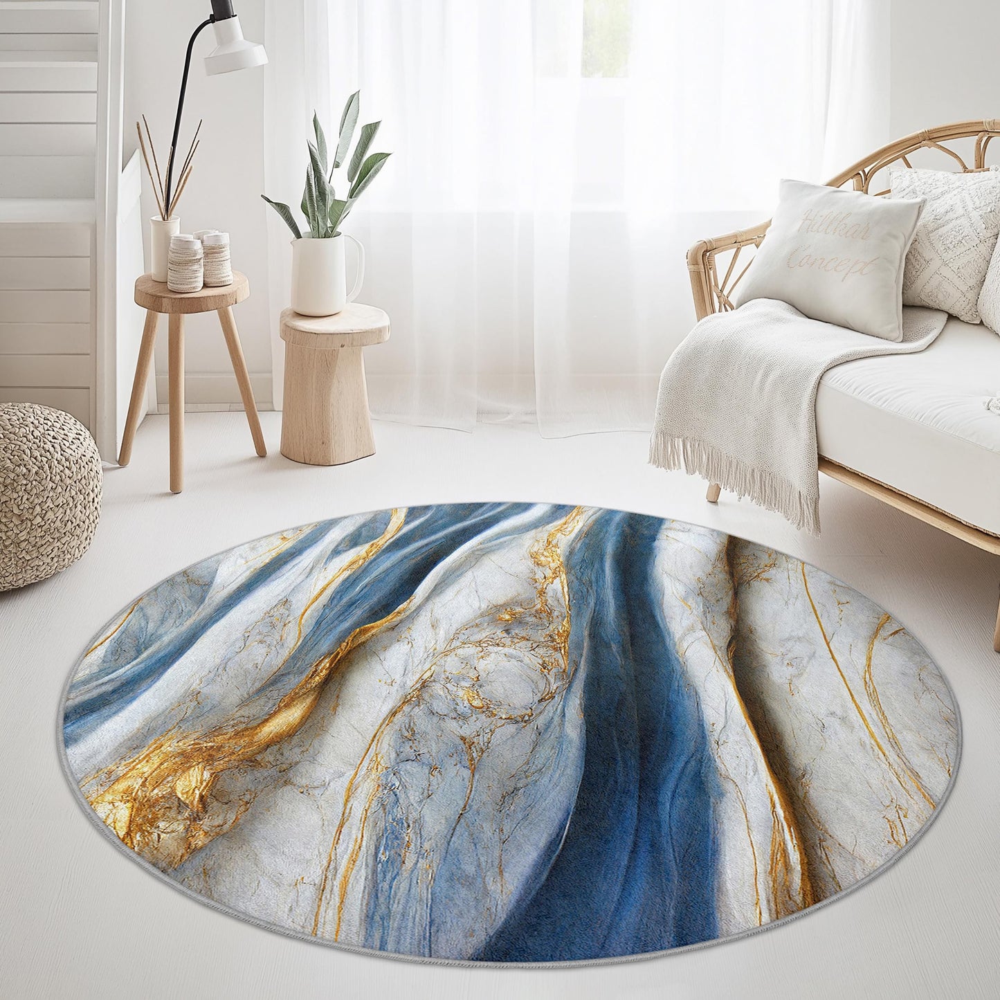 Elegant Blue and Gold Round Area Rug, Luxury Marble Design Rug, Soft Round Carpet for Living Room, Bedroom, Home Decor