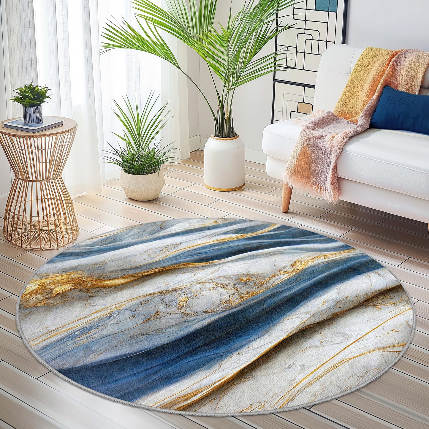 Elegant Blue and Gold Round Area Rug, Luxury Marble Design Rug, Soft Round Carpet for Living Room, Bedroom, Home Decor