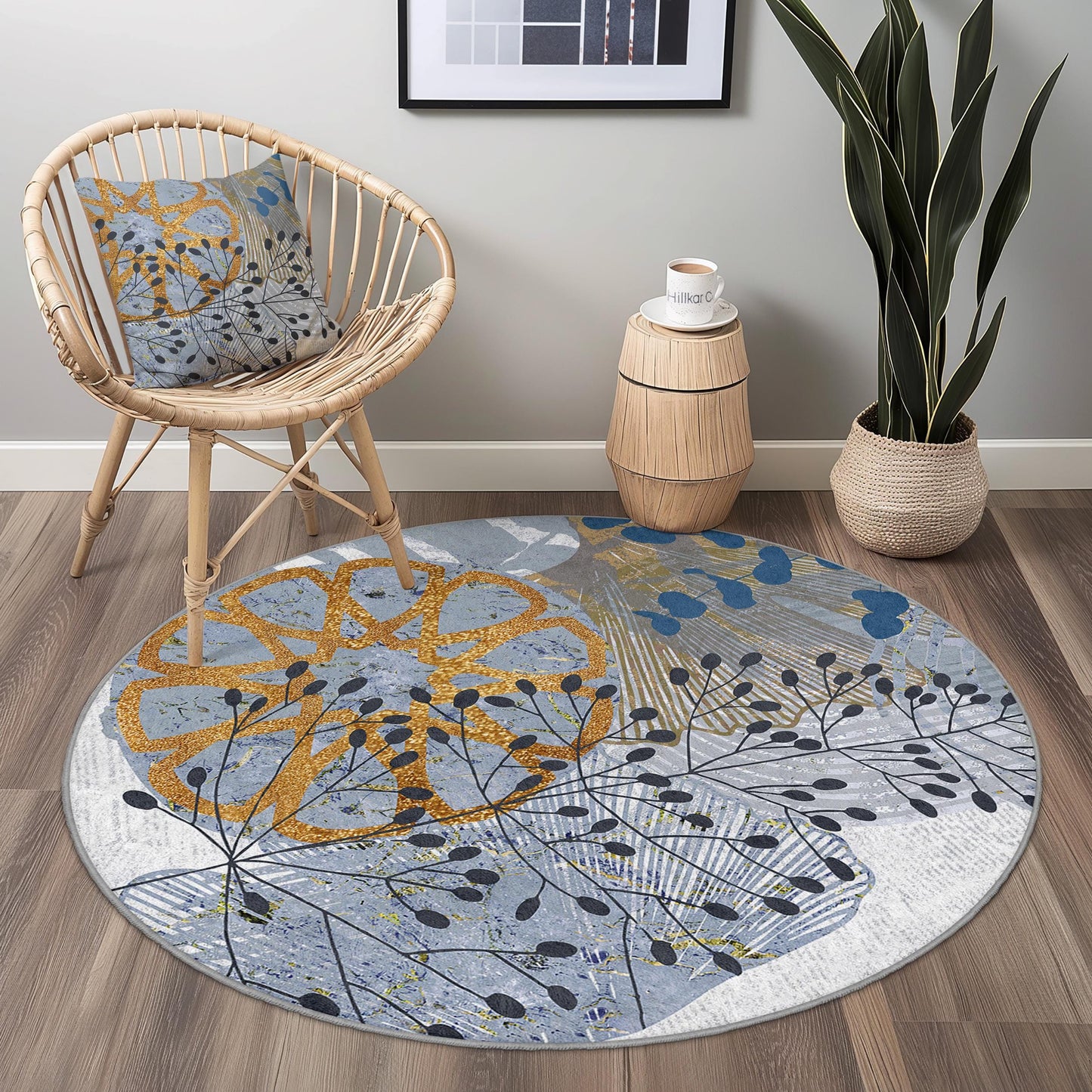 Floral Round Area Rug, Elegant Round Carpet for Living Room, Modern Botanical Design, Soft Round Rug for Home Decor