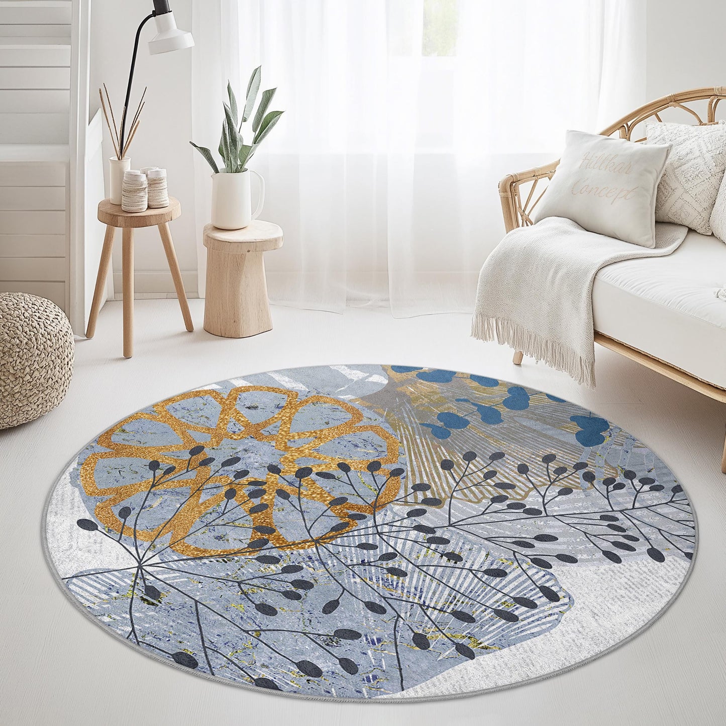 Floral Round Area Rug, Elegant Round Carpet for Living Room, Modern Botanical Design, Soft Round Rug for Home Decor